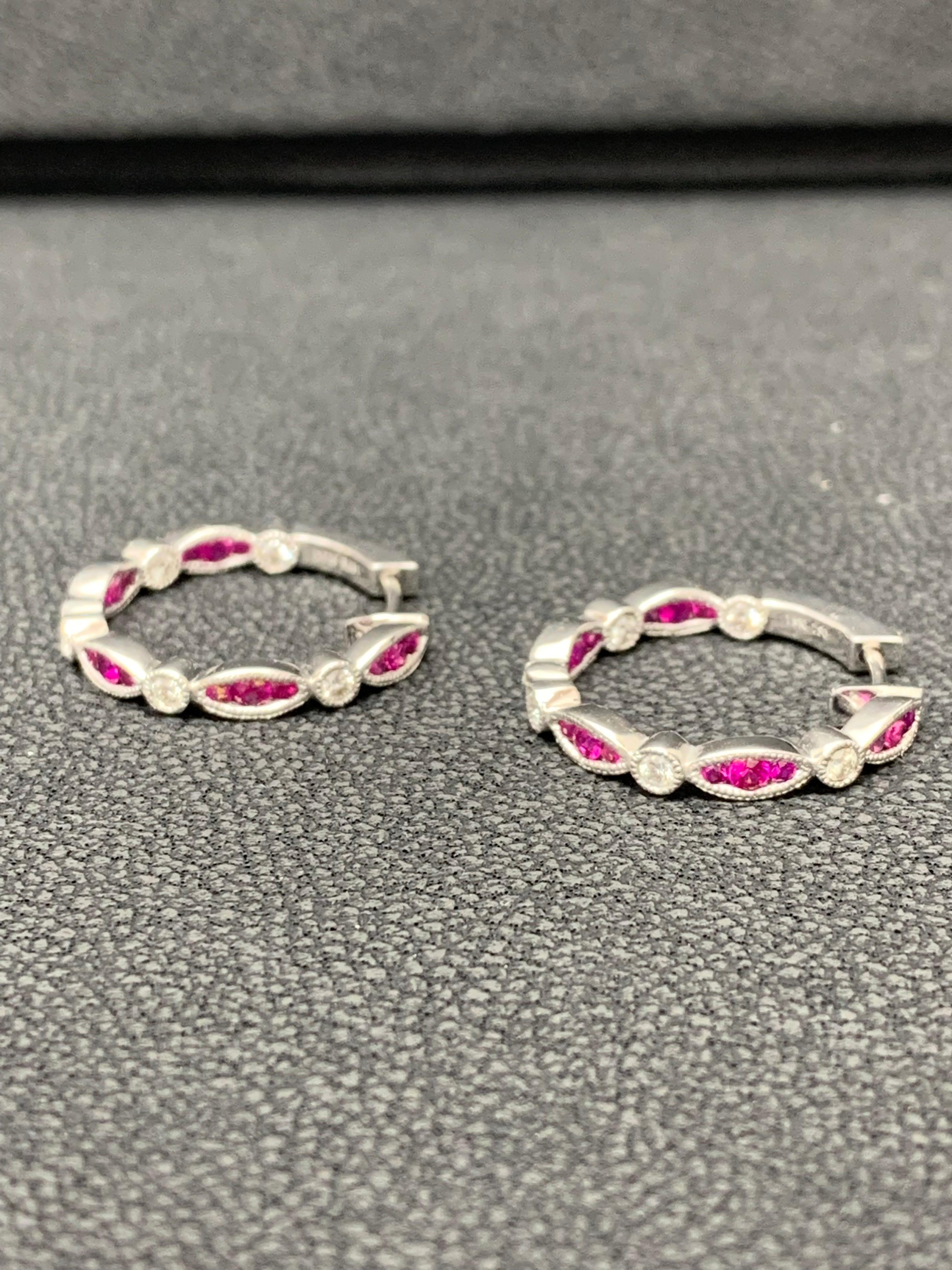Contemporary 0.81 Carat Round cut Ruby and Diamond Hoop Earrings in 18K White Gold For Sale
