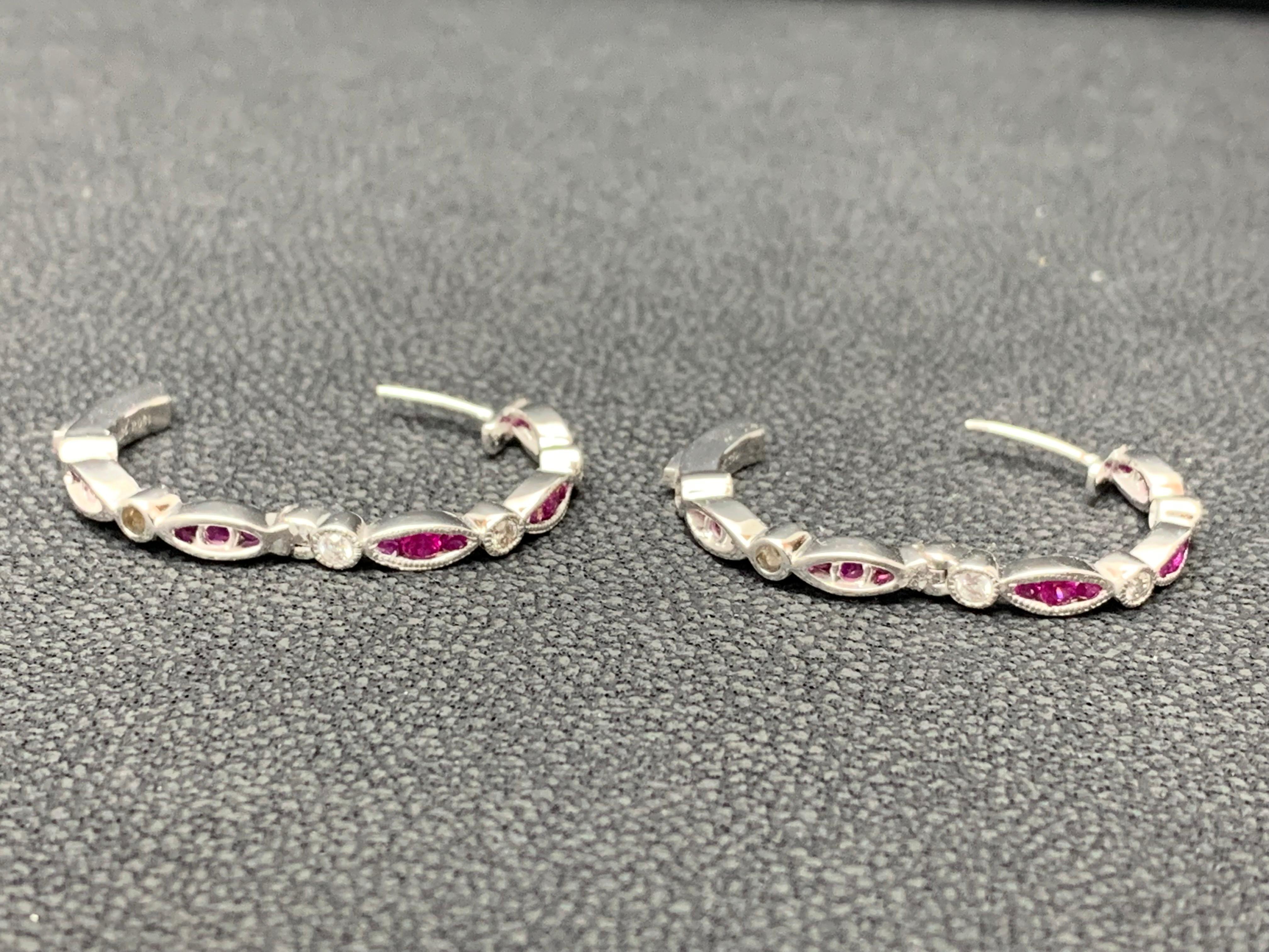 0.81 Carat Round cut Ruby and Diamond Hoop Earrings in 18K White Gold For Sale 1
