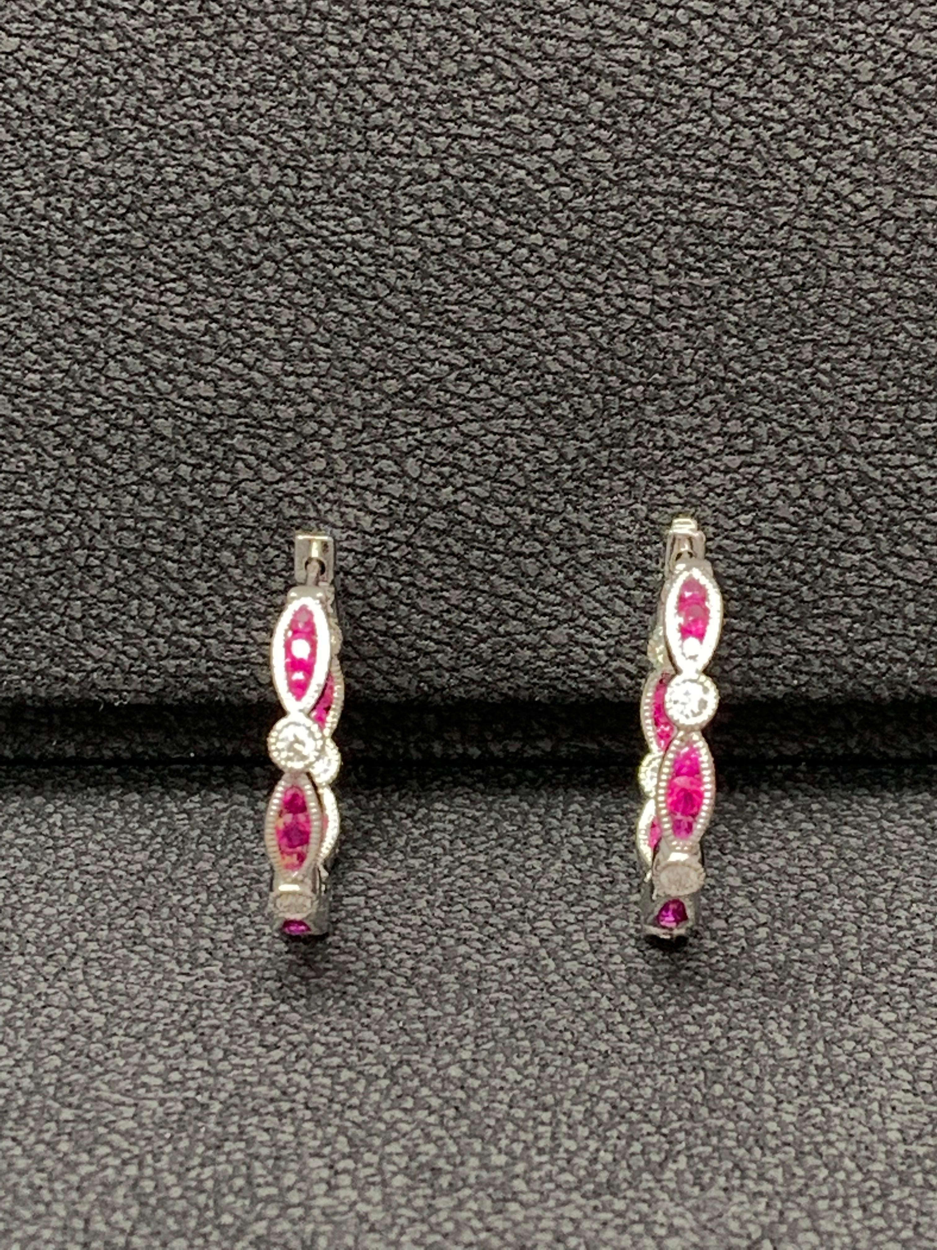 0.81 Carat Round cut Ruby and Diamond Hoop Earrings in 18K White Gold For Sale 2