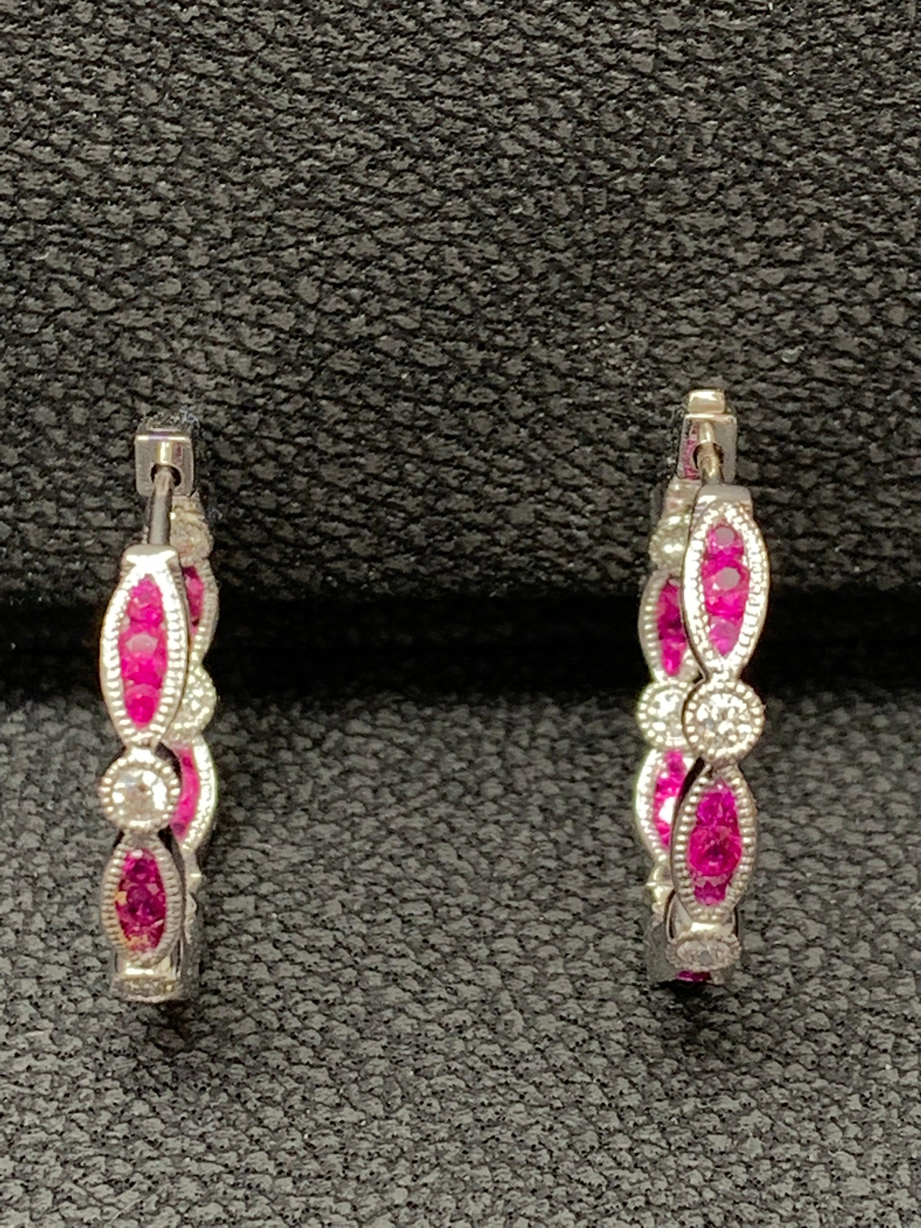 0.81 Carat Round cut Ruby and Diamond Hoop Earrings in 18K White Gold For Sale 3