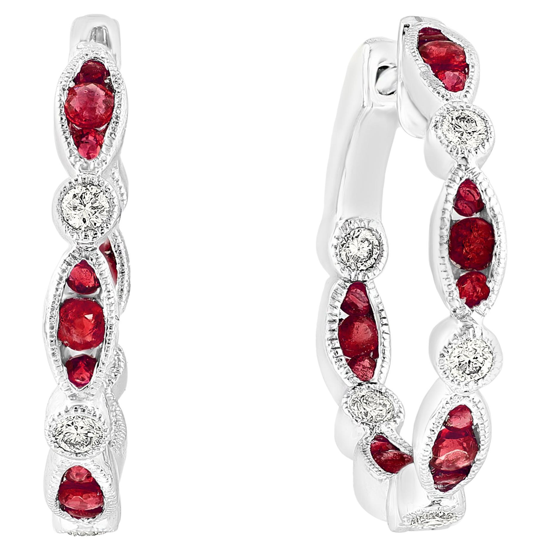 0.81 Carat Round cut Ruby and Diamond Hoop Earrings in 18K White Gold For Sale