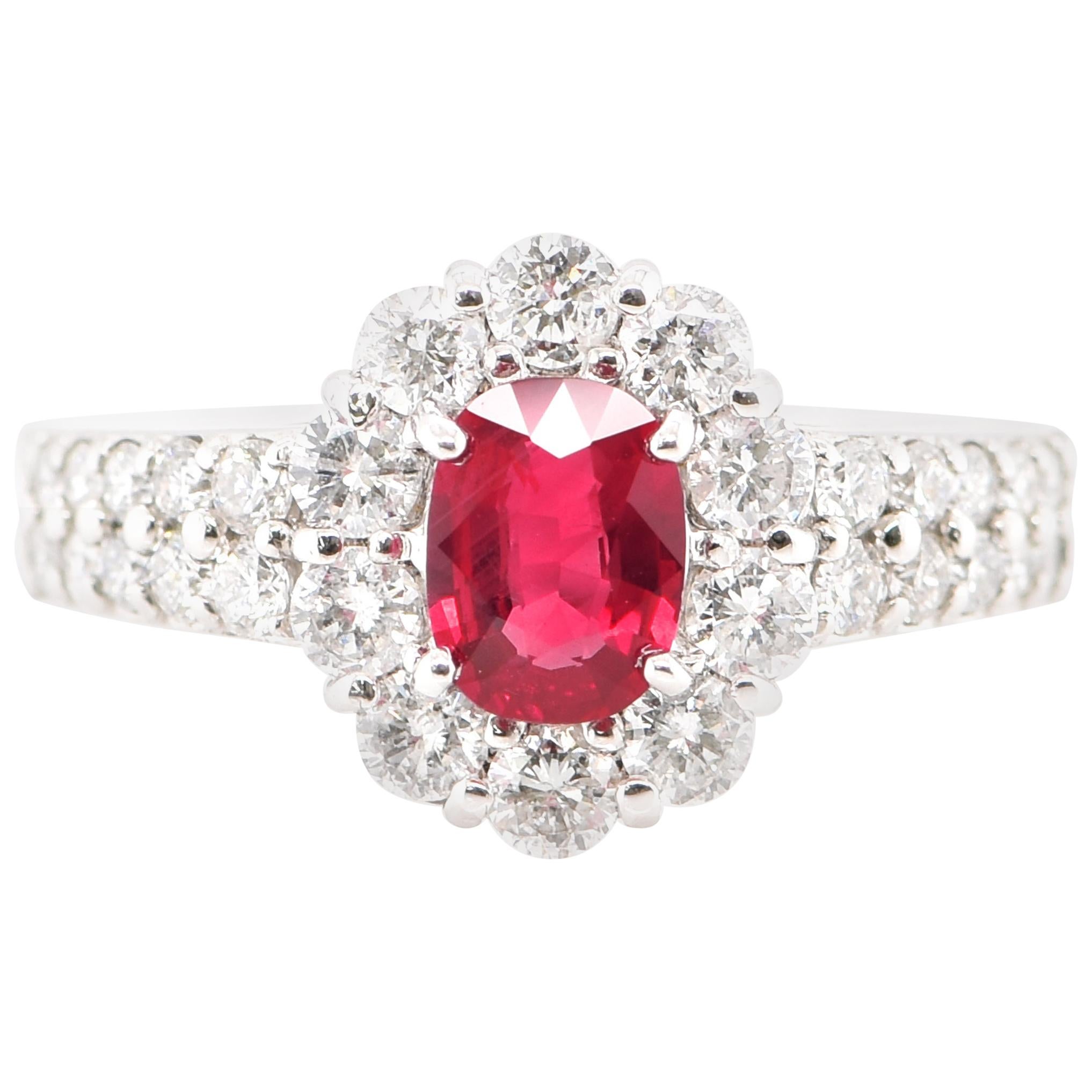 0.81 Carat Natural Ruby and Diamond Halo Ring Set in Platinum