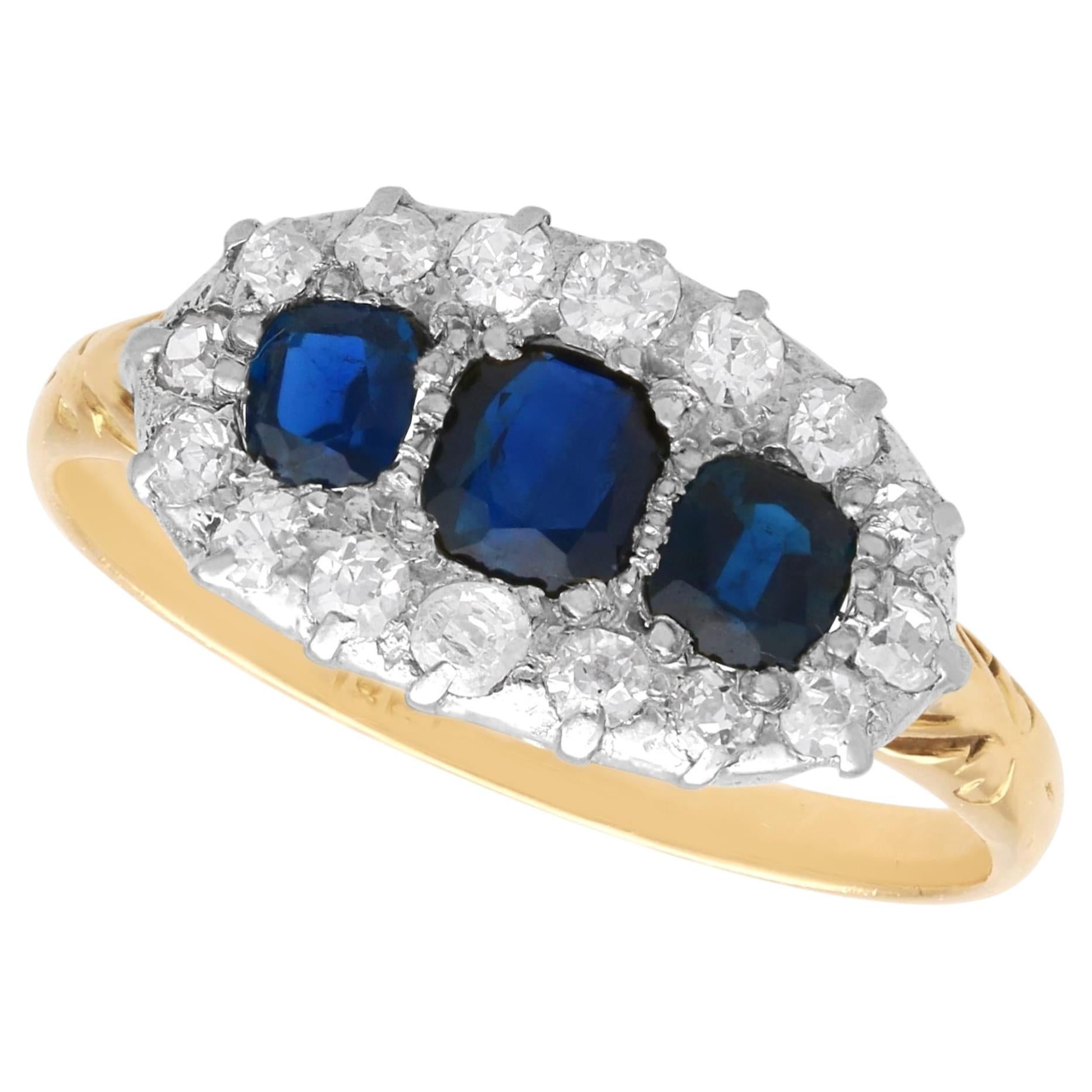 0.81 Carat Sapphire 0.48 Carat Diamond 18k Yellow Gold Trilogy Ring Circa 1895 For Sale