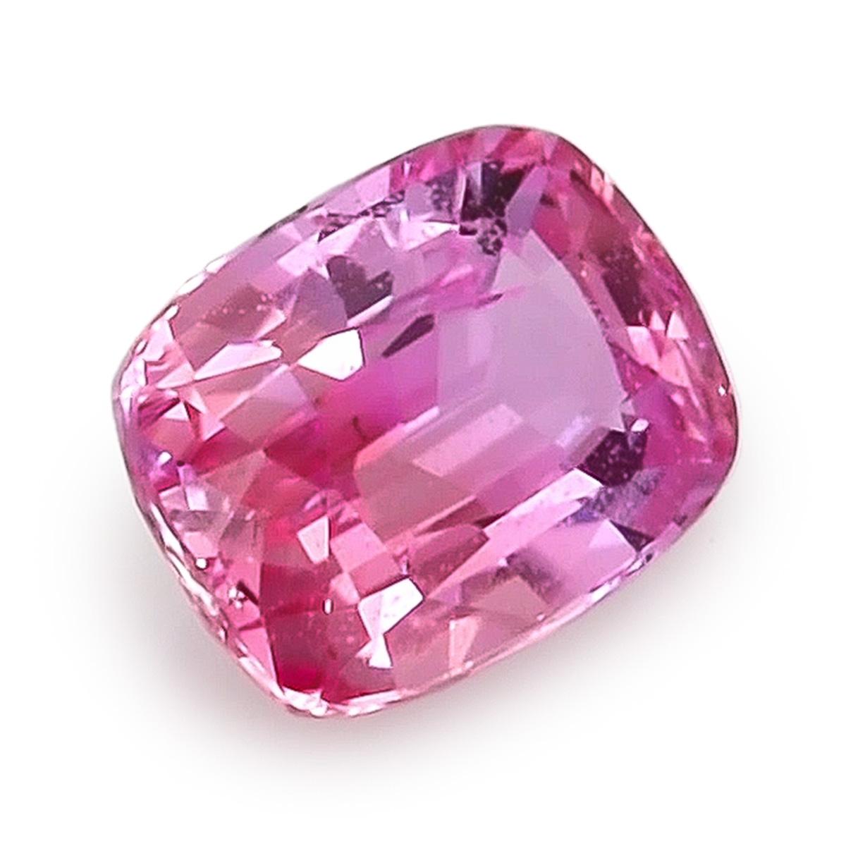 Identification: Natural Pink Sapphire

• Carat: 0.81 carats
• Shape: Cushion
• Measurement: 5.81 x 4.47 x 3.08 mm
• Color: Pink
• Cut: Brilliant/step
• Origin: Sri Lanka
• Clarity: very eye clean
• Treatment: Heated

Discover the exquisite charm of