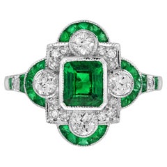 0.81 Ct. Emerald Old Cut Diamond Art Deco Style Ring in 18K White Gold