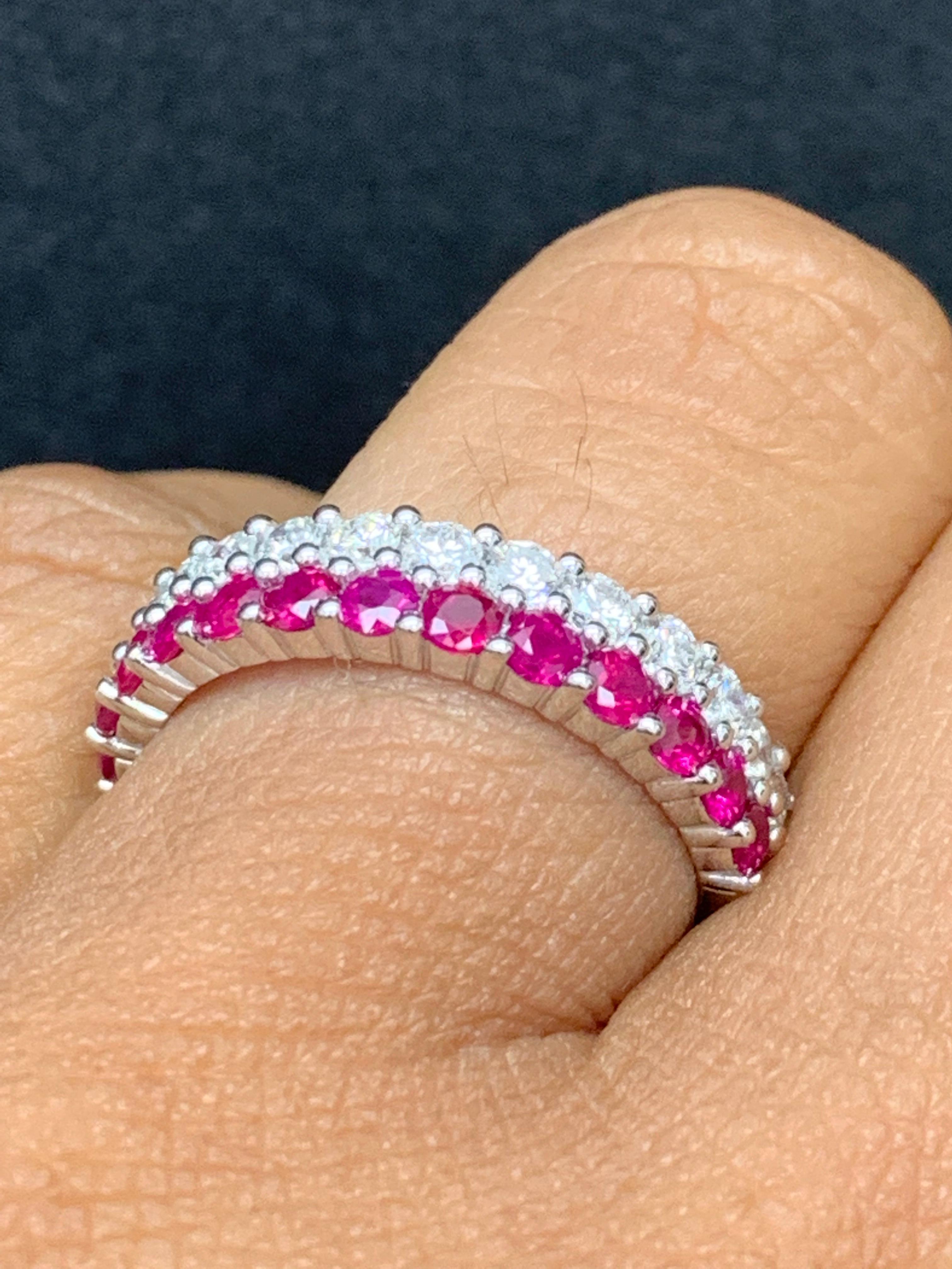 0.81 Ct Round Shape Ruby and Diamond Double Row Band Ring in 14K White Gold For Sale 2