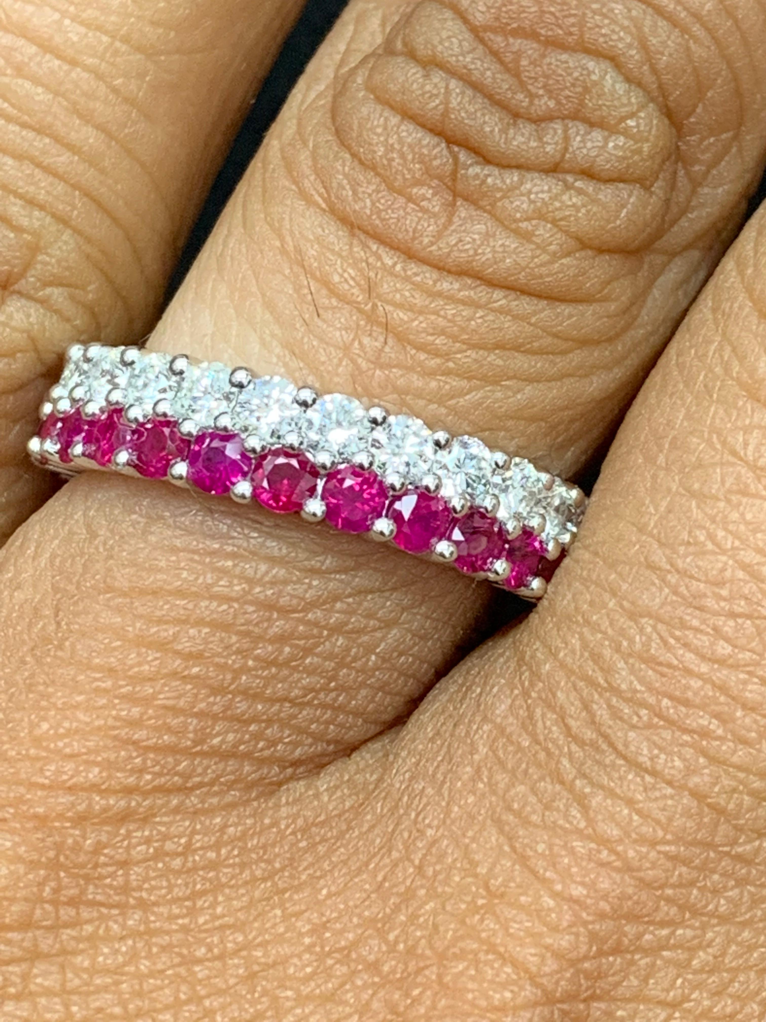 0.81 Ct Round Shape Ruby and Diamond Double Row Band Ring in 14K White Gold For Sale 3