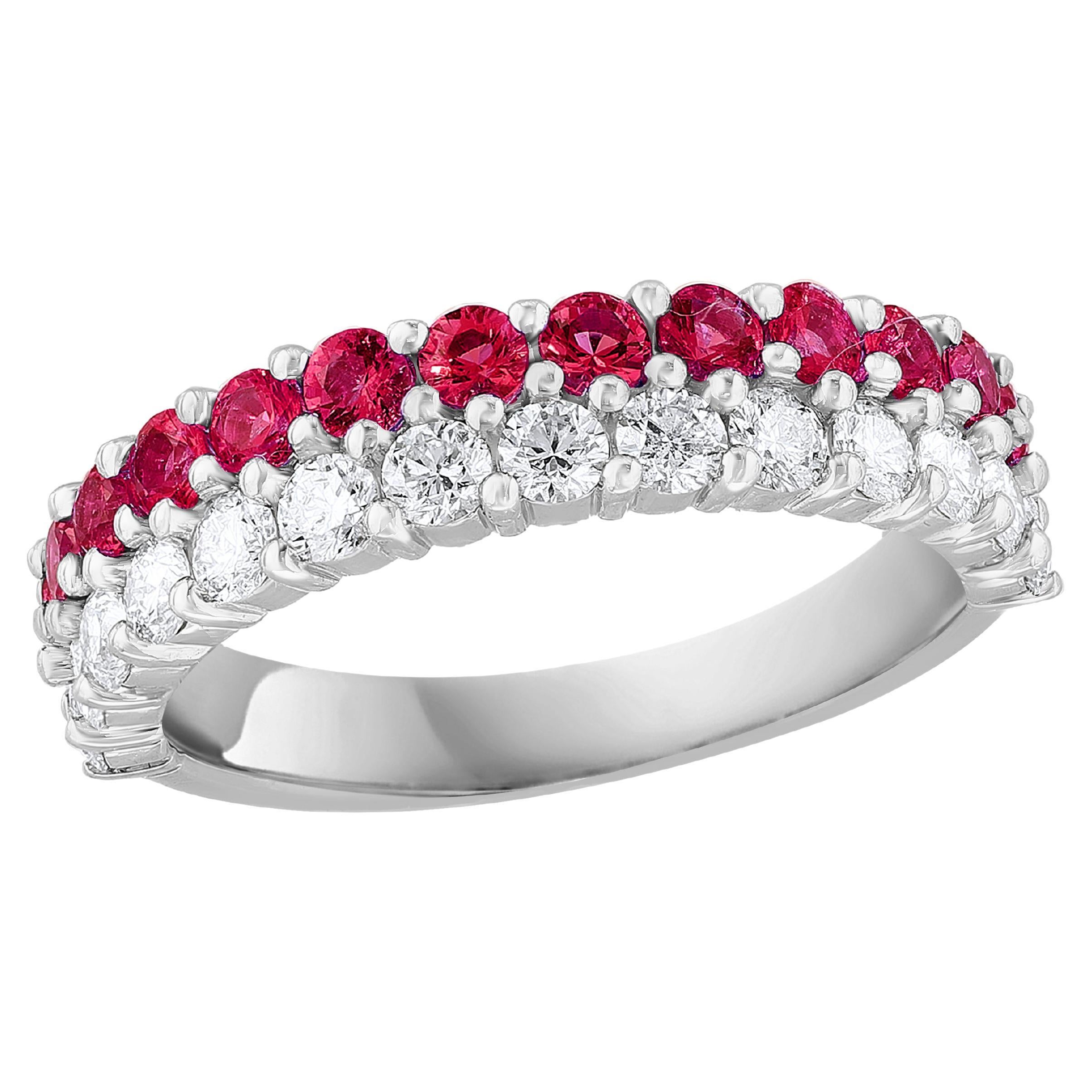 0.81 Ct Round Shape Ruby and Diamond Double Row Band Ring in 14K White Gold For Sale