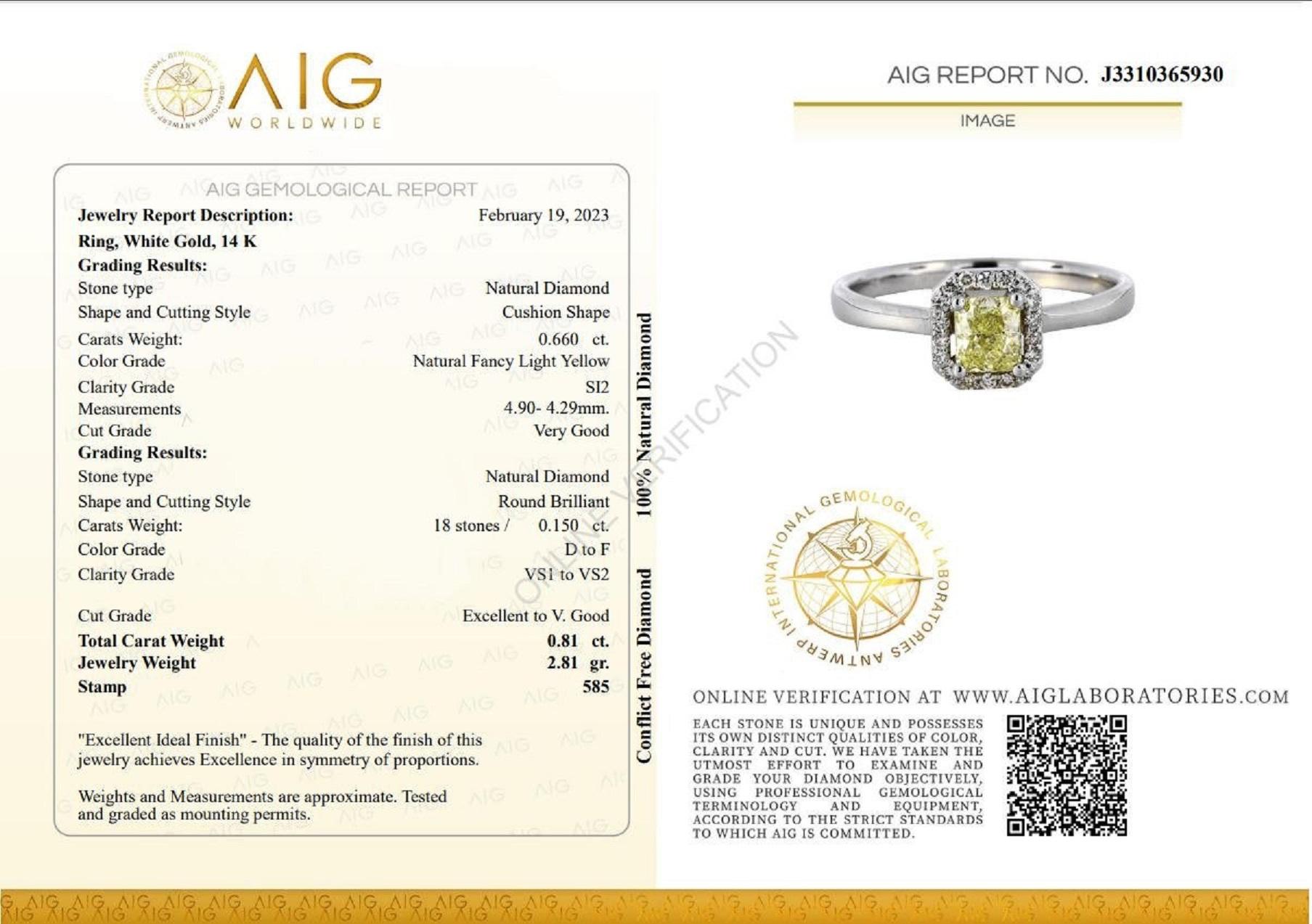 ** In Hong Kong and the USA the VAT is 0%.
Ring can be resized free of charge prior to shipping out.

Center Diamond:
Weight: 0.66 Carat
Color: Natural Fancy Light Yellow
Clarity: SI2
Shape: Cushion Shape

Side Stone Diamonds Round:
Weight: 0.15