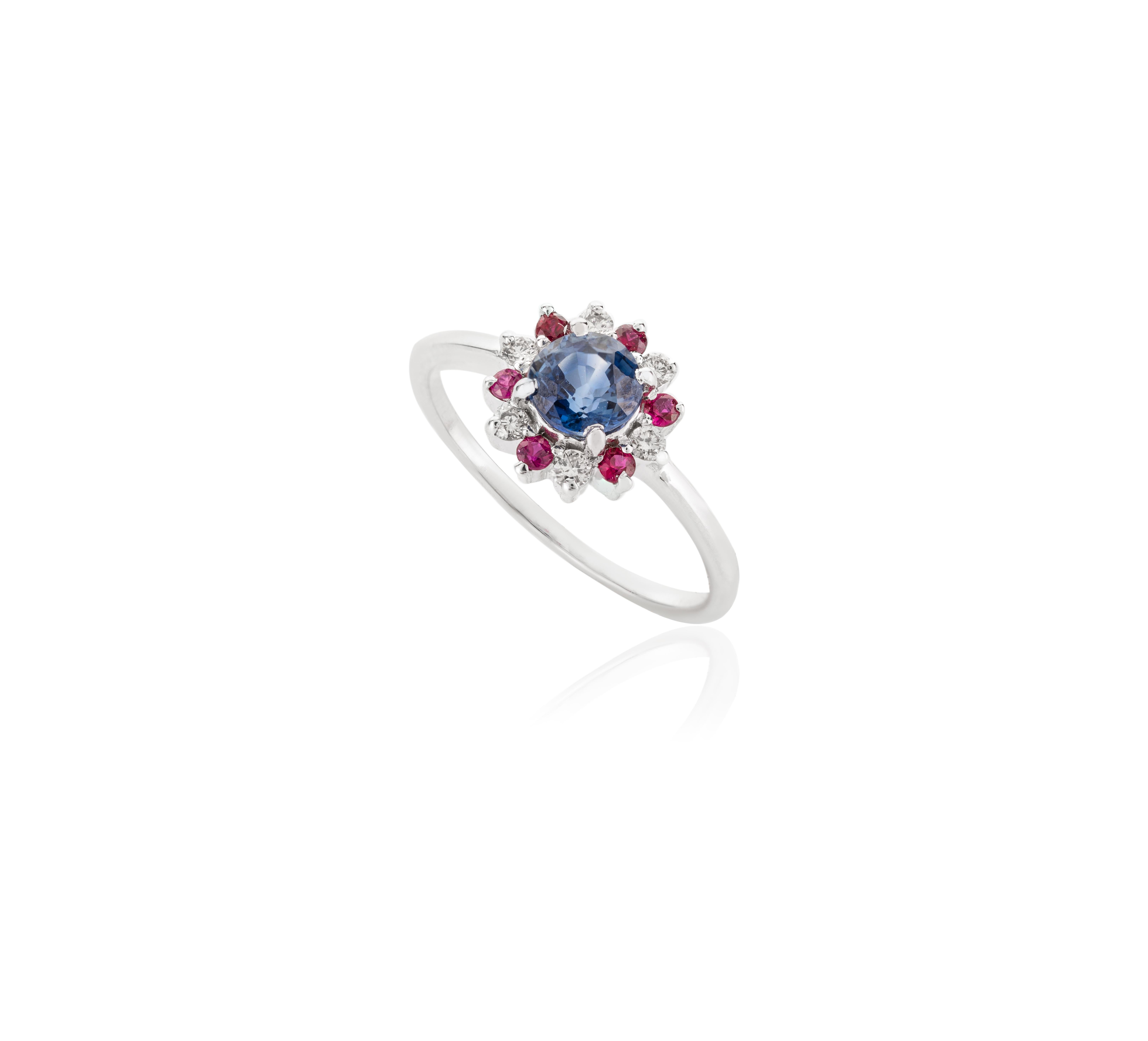 En venta: Delicada alianza de zafiro, rubí y diamantes en oro blanco macizo de 14k  3