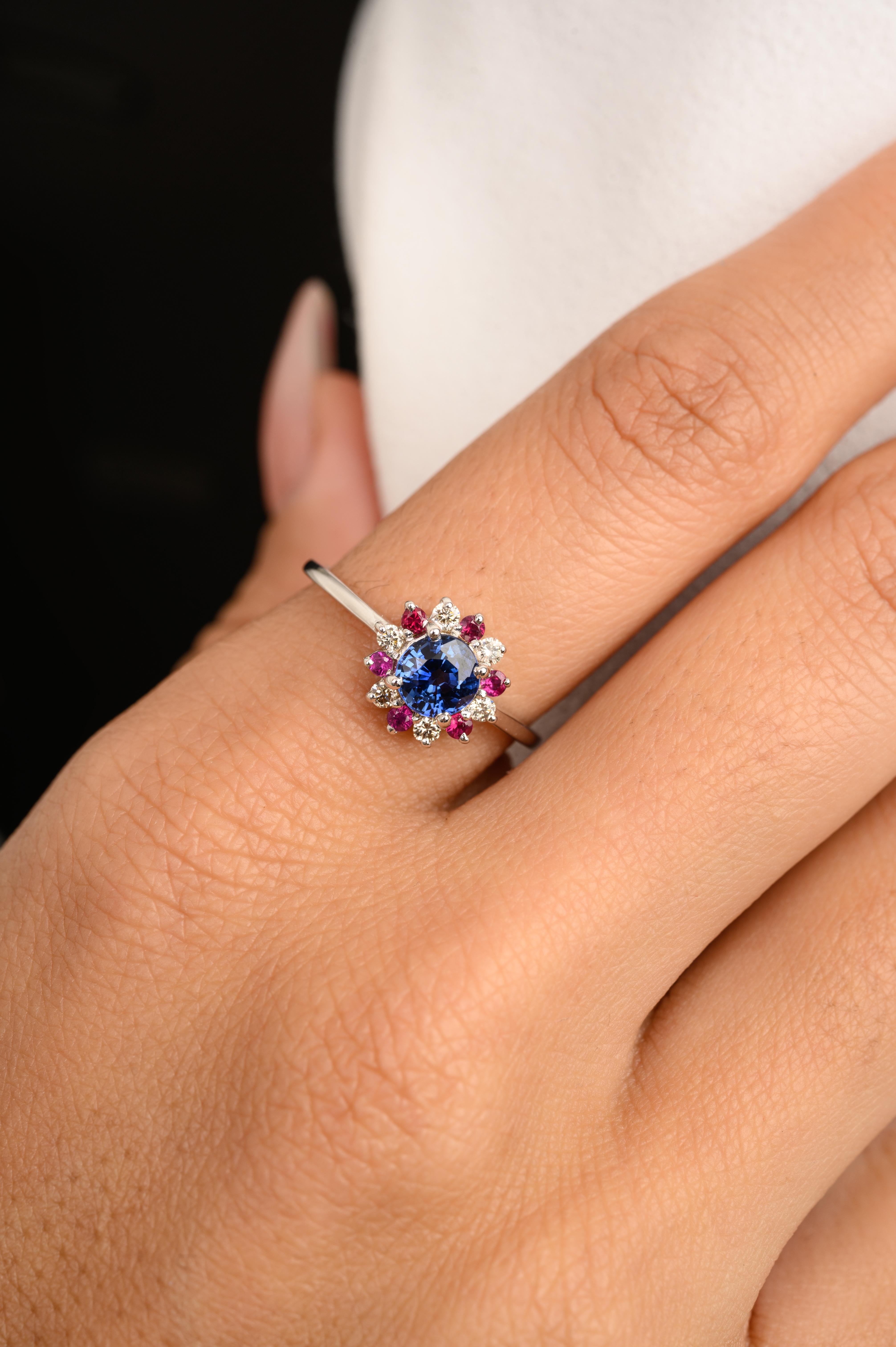 En venta: Delicada alianza de zafiro, rubí y diamantes en oro blanco macizo de 14k  6