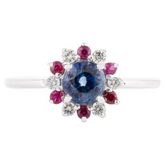 Dainty Sapphire Ruby Flower Wedding Ring with Diamonds in 14k Solid White Gold