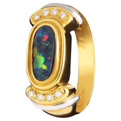 0.81ct Australian Black Opal, Diamond, 18K Yellow Gold 
Platinum Ring