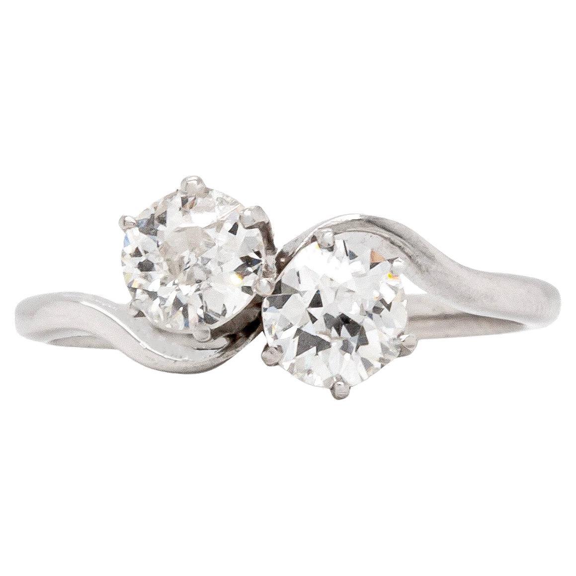 0.81ct Old Mine Cut Diamond and 18ct White Gold Toi Et Moi Antique Ring For Sale