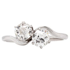0.81ct Old Mine Cut Diamond and 18ct White Gold Toi Et Moi Antique Ring
