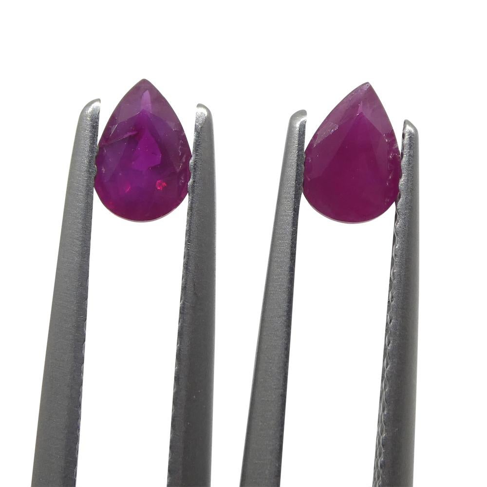 Brilliant Cut 0.81ct Pair Pear Red Ruby from Burma, Mong Hsu For Sale