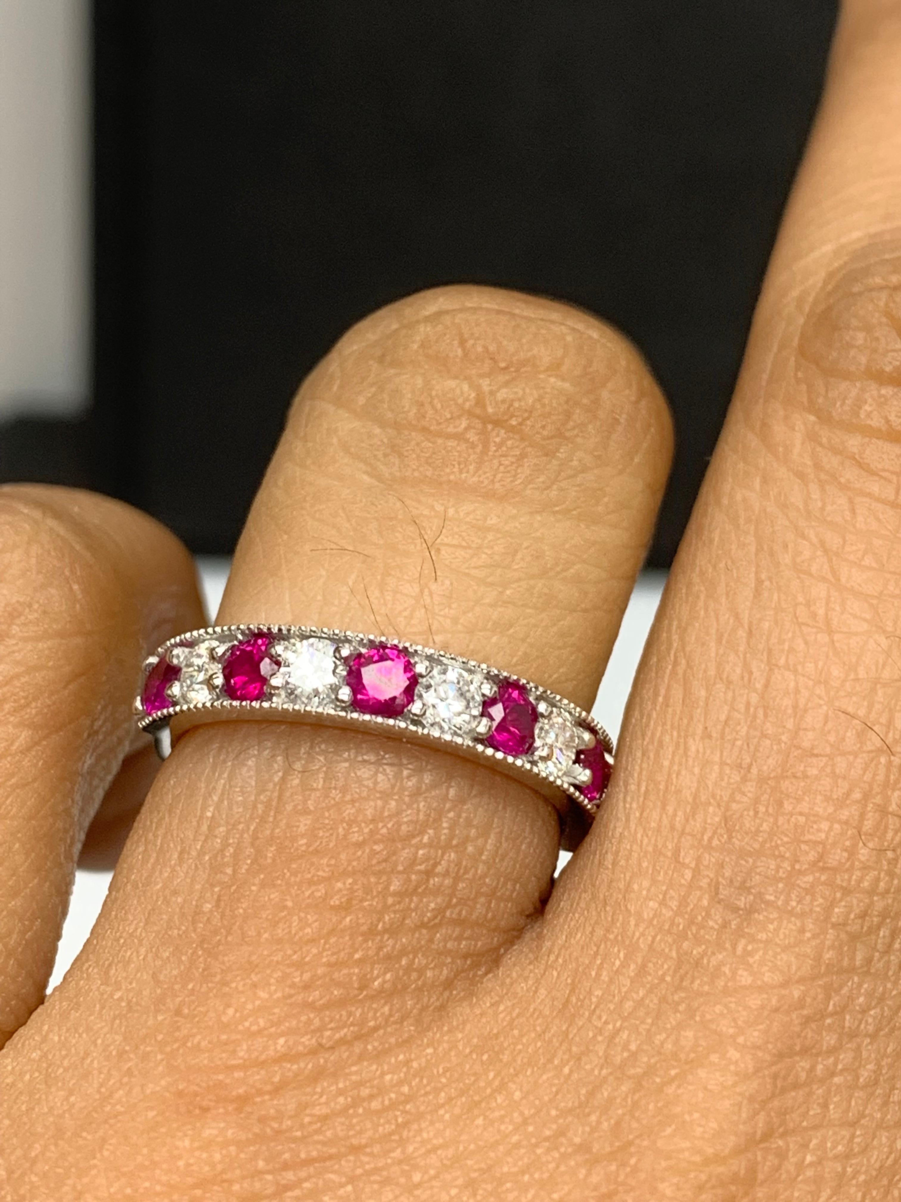 Contemporary 0.82 Carat Brilliant Cut Ruby and Diamond Band in 14K White Gold For Sale