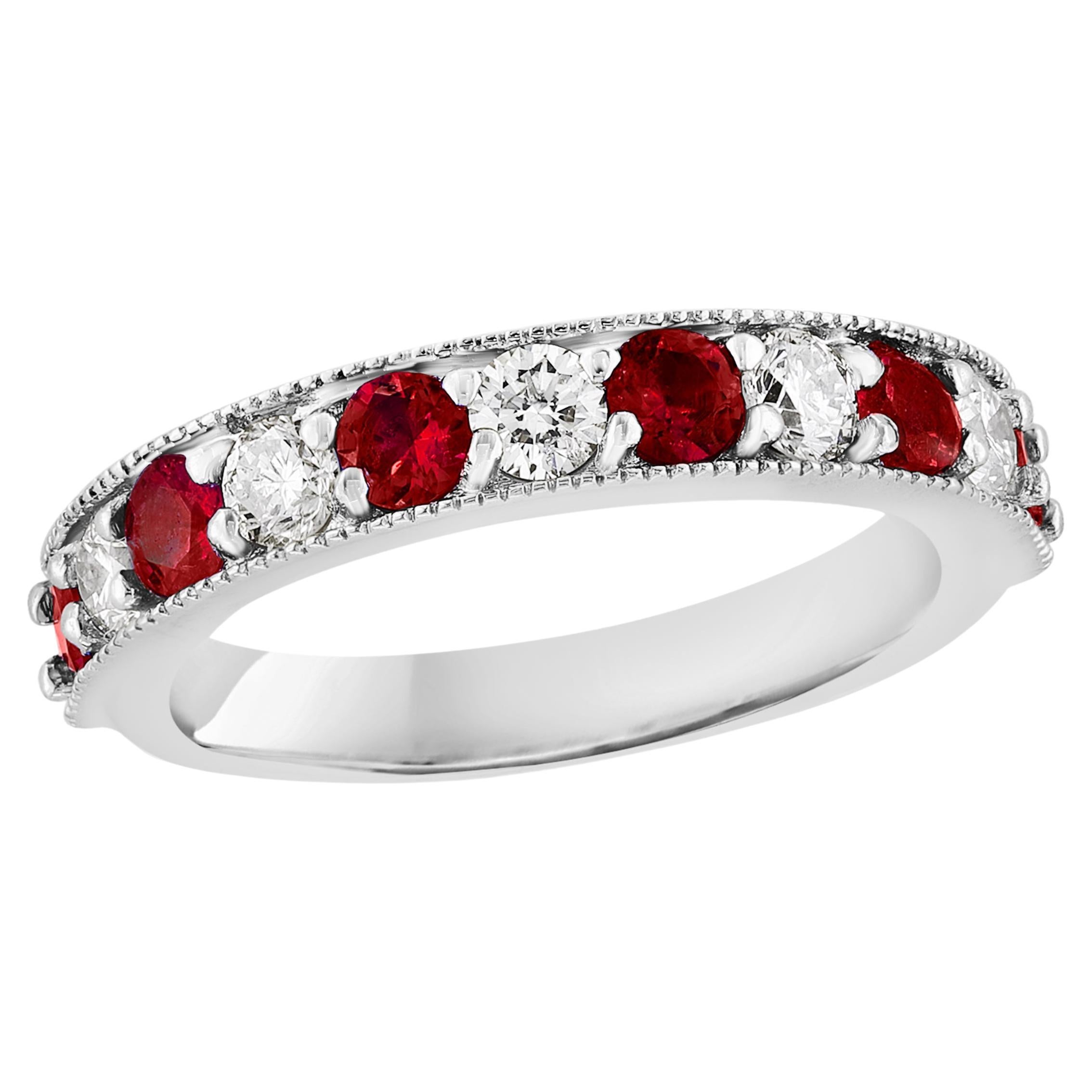 0.82 Carat Brilliant Cut Ruby and Diamond Band in 14K White Gold For Sale