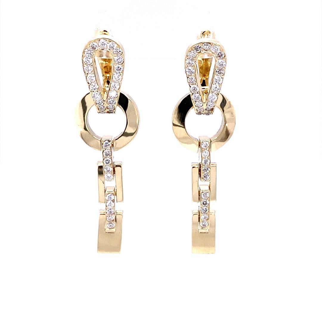 0.82 Carat Diamond 14 Karat Yellow Gold Dangle Earrings

These on trend, yet classic earrings are sure to be a great addition to your accessory collection!  There are 66 Round Cut Diamonds that weigh 0.82 Carats (Clarity: SI2, Color: F)
Made in 14K