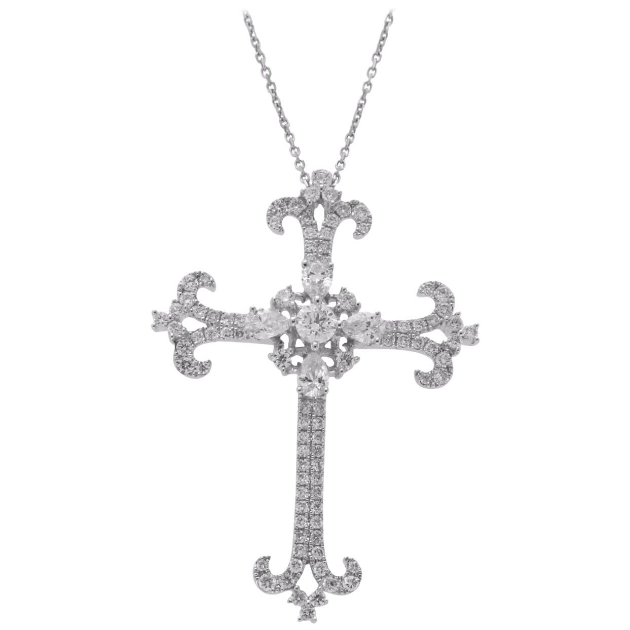 0.82 Carat Diamond 18 Karat White Gold Cross Pendant W/H 14 Karat Chain Necklace For Sale