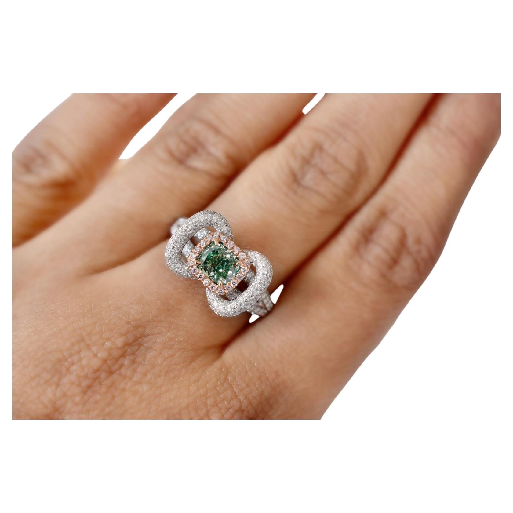 0.82 Carat Fancy Grayish Greenish Yellow Diamond Ring VS2 Clarity GIA Certified For Sale