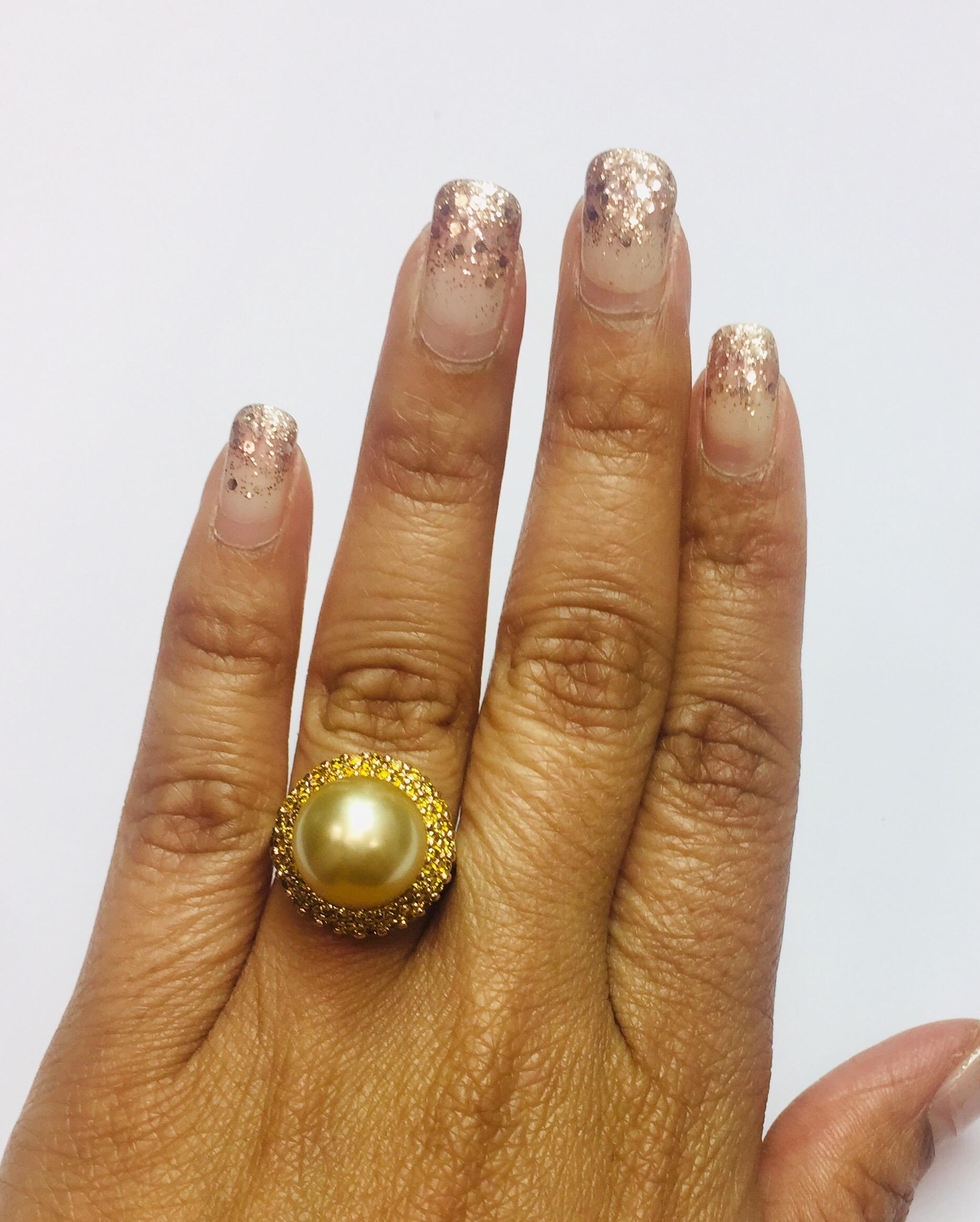 Round Cut 0.82 Carat Golden South Sea Pearl Yellow Diamond Cocktail Ring