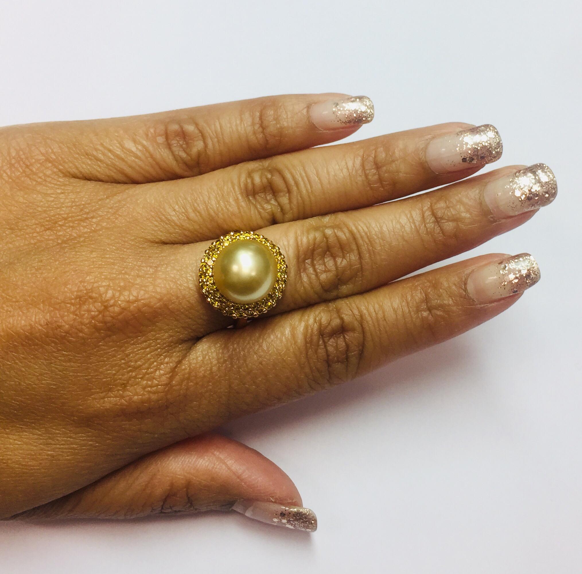 0.82 Carat Golden South Sea Pearl Yellow Diamond Cocktail Ring In New Condition In Los Angeles, CA