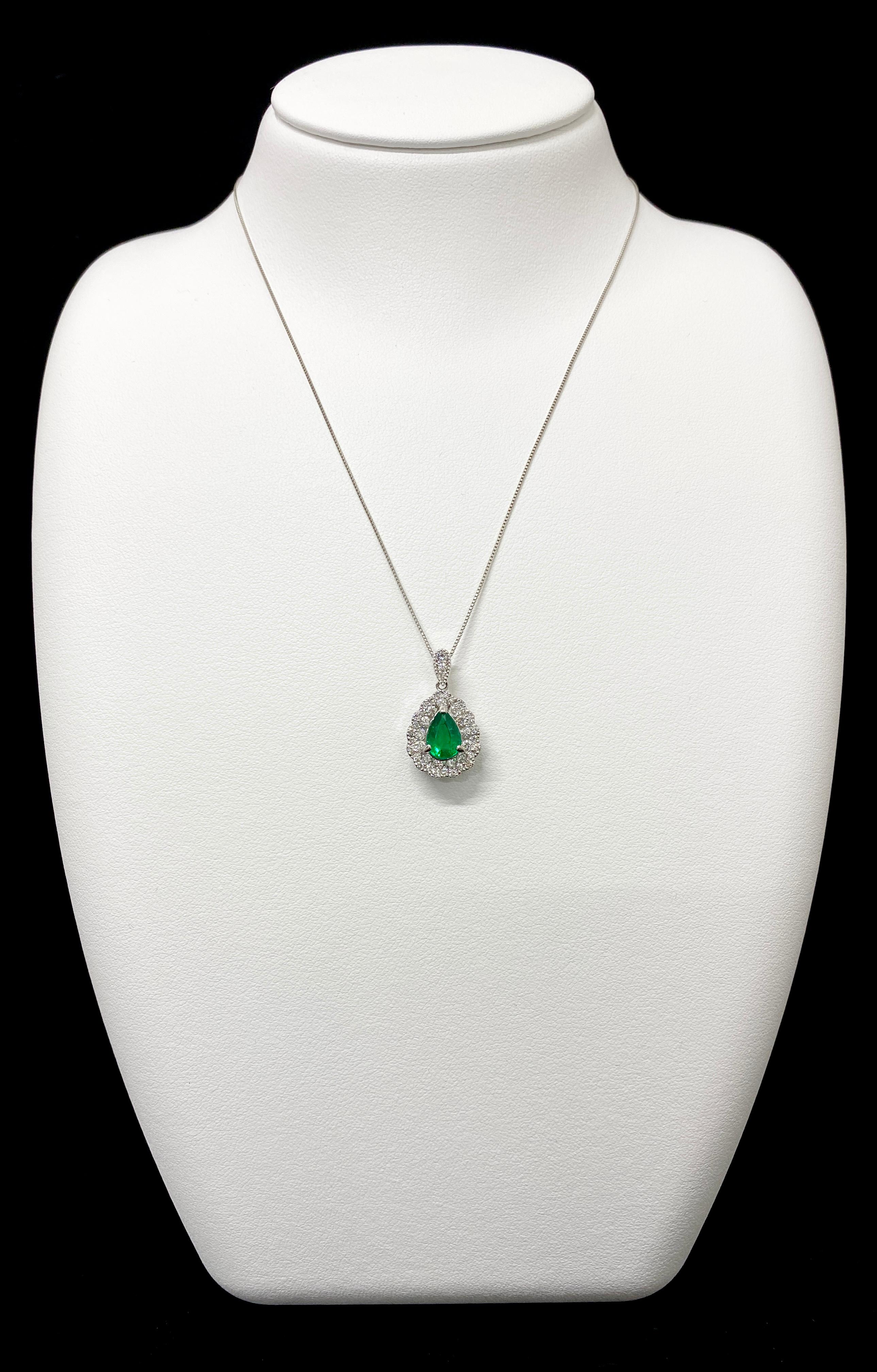 A stunning Pendant featuring a 0.82 Carat, Natural Emerald and 0.52 Carats of Diamond Accents set in Platinum. People have admired emerald’s green for thousands of years. Emeralds have always been associated with the lushest landscapes and the