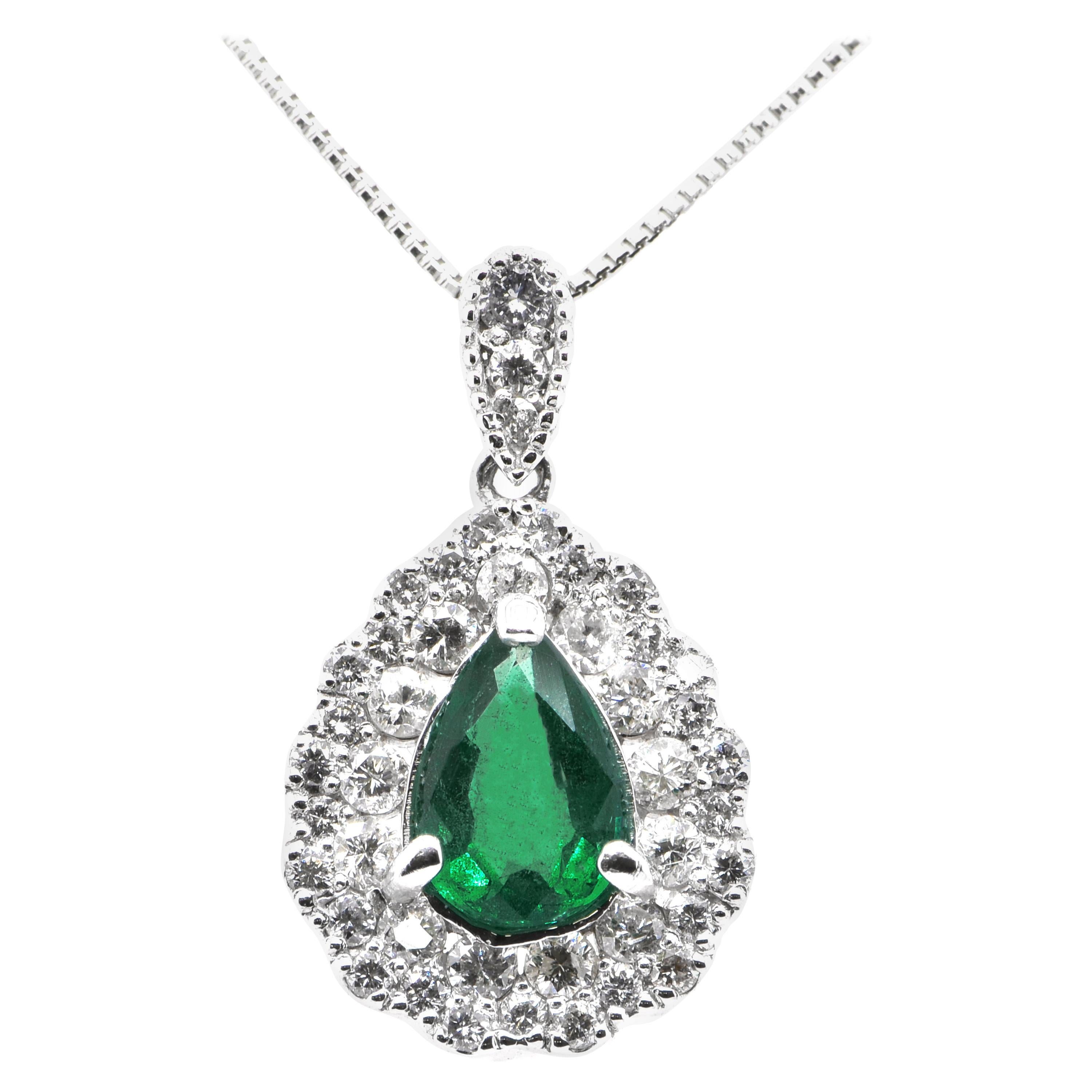 0.82 Carat Natural Pear-Shape Emerald and Diamond Pendant Set in Platinum