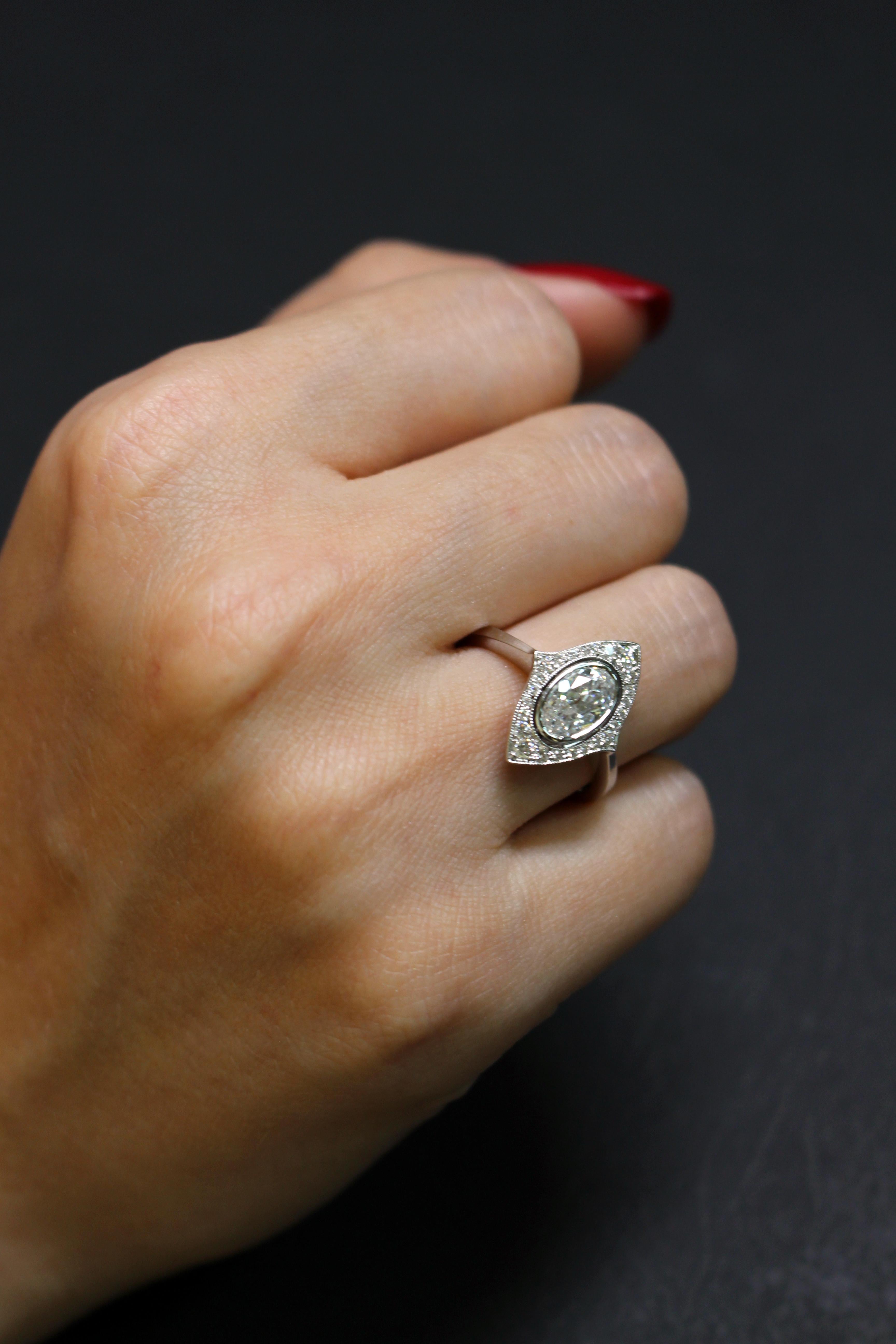 0.82 Carat Old Cut Oval Solitaire Diamond Ring in 18 Karat White Gold In New Condition For Sale In Hong Kong, HK