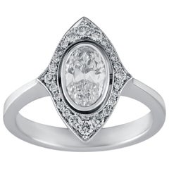 0.82 Carat Old Cut Oval Solitaire Diamond Ring in 18 Karat White Gold