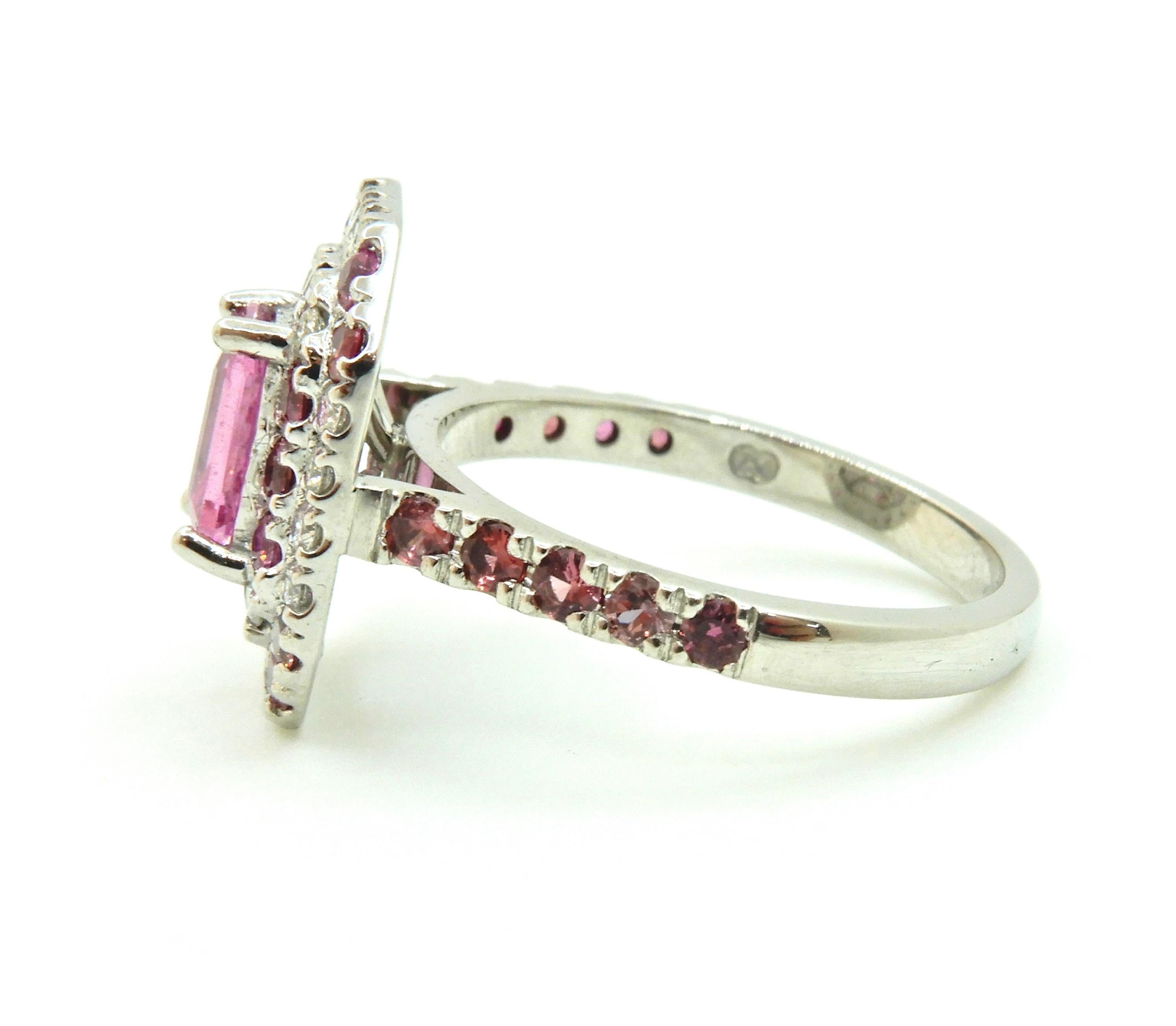 Contemporary 0.82 Carat Pink Sapphire Diamond Double Halo 18 Carat White Gold Engagement Ring For Sale