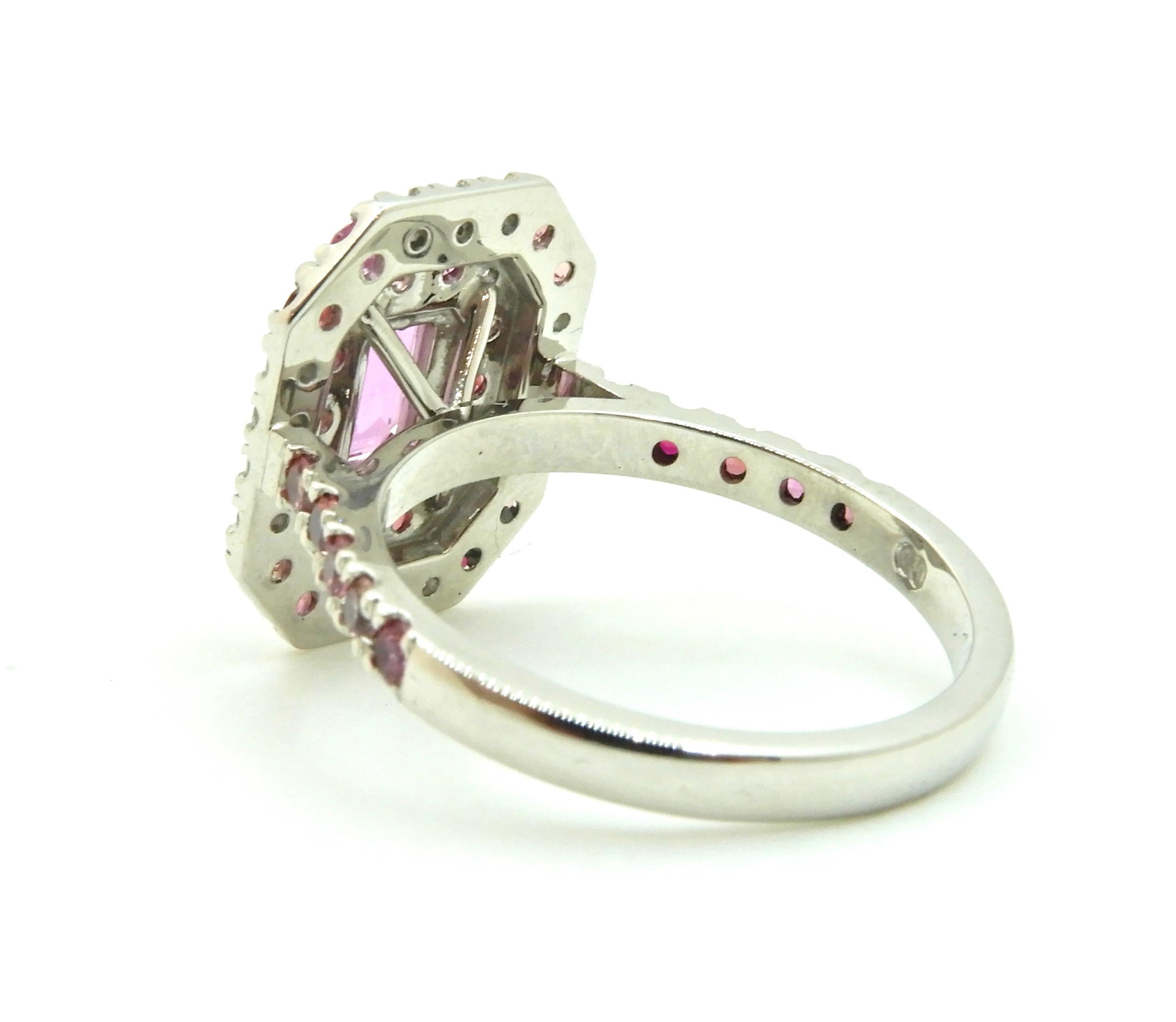 Emerald Cut 0.82 Carat Pink Sapphire Diamond Double Halo 18 Carat White Gold Engagement Ring For Sale