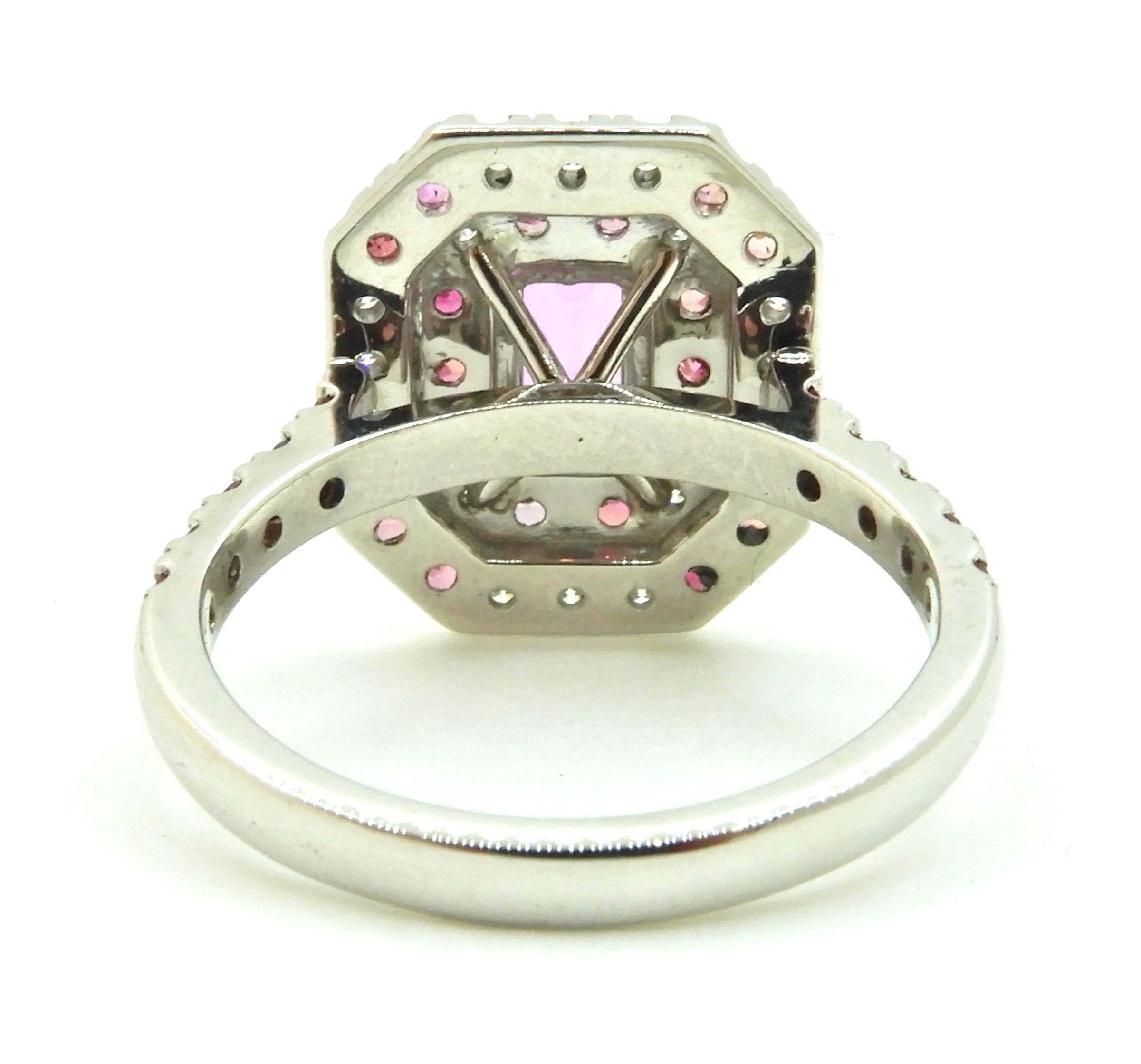 0.82 Carat Pink Sapphire Diamond Double Halo 18 Carat White Gold Engagement Ring In New Condition For Sale In Brisbane, QLD