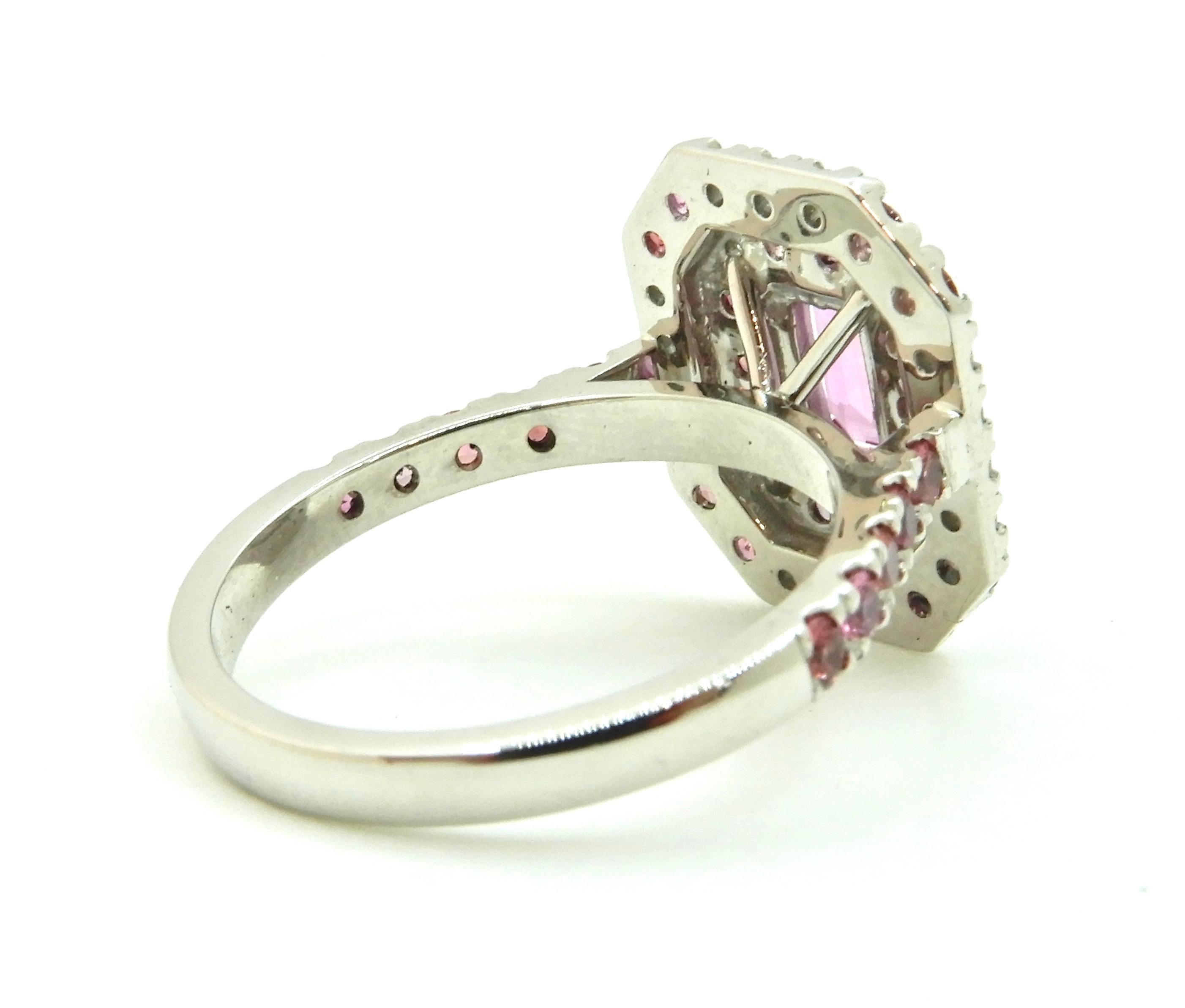Women's 0.82 Carat Pink Sapphire Diamond Double Halo 18 Carat White Gold Engagement Ring For Sale