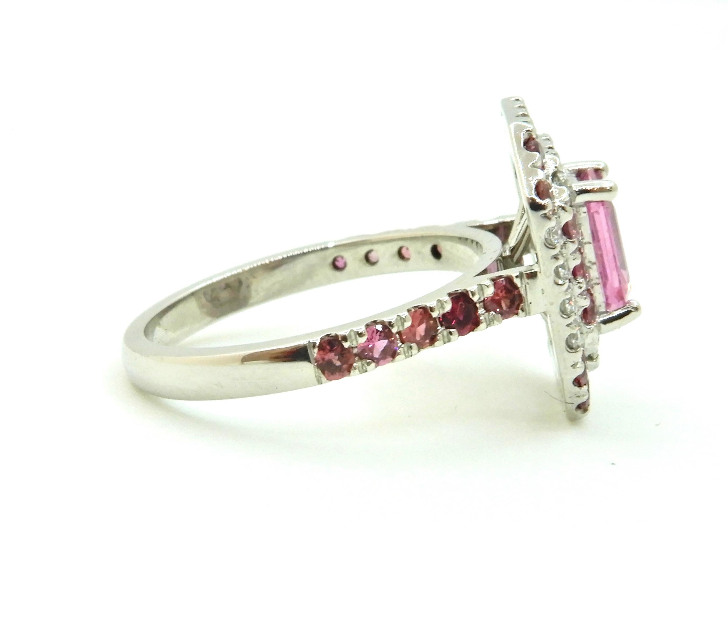 0.82 Carat Pink Sapphire Diamond Double Halo 18 Carat White Gold Engagement Ring For Sale 1