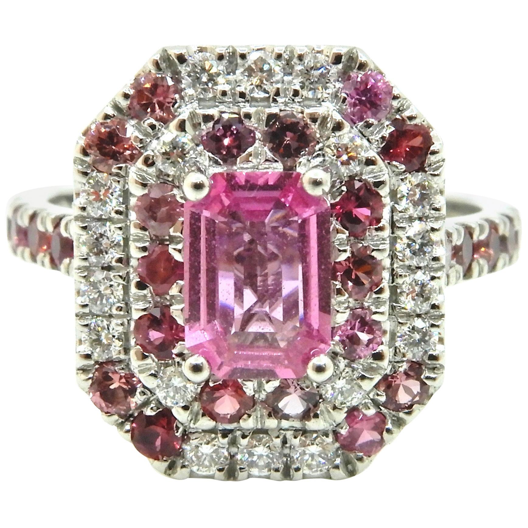 0.82 Carat Pink Sapphire Diamond Double Halo 18 Carat White Gold Engagement Ring For Sale