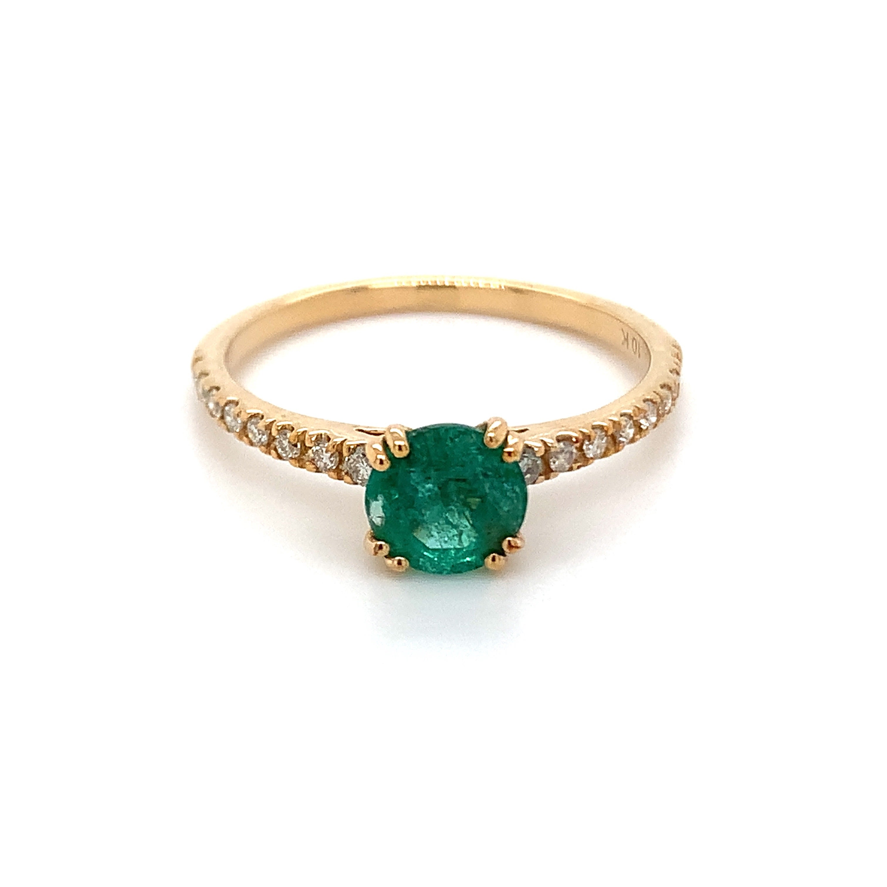0.82 Carat Round Emerald Ring with Diamond in 10k Yellow Gold