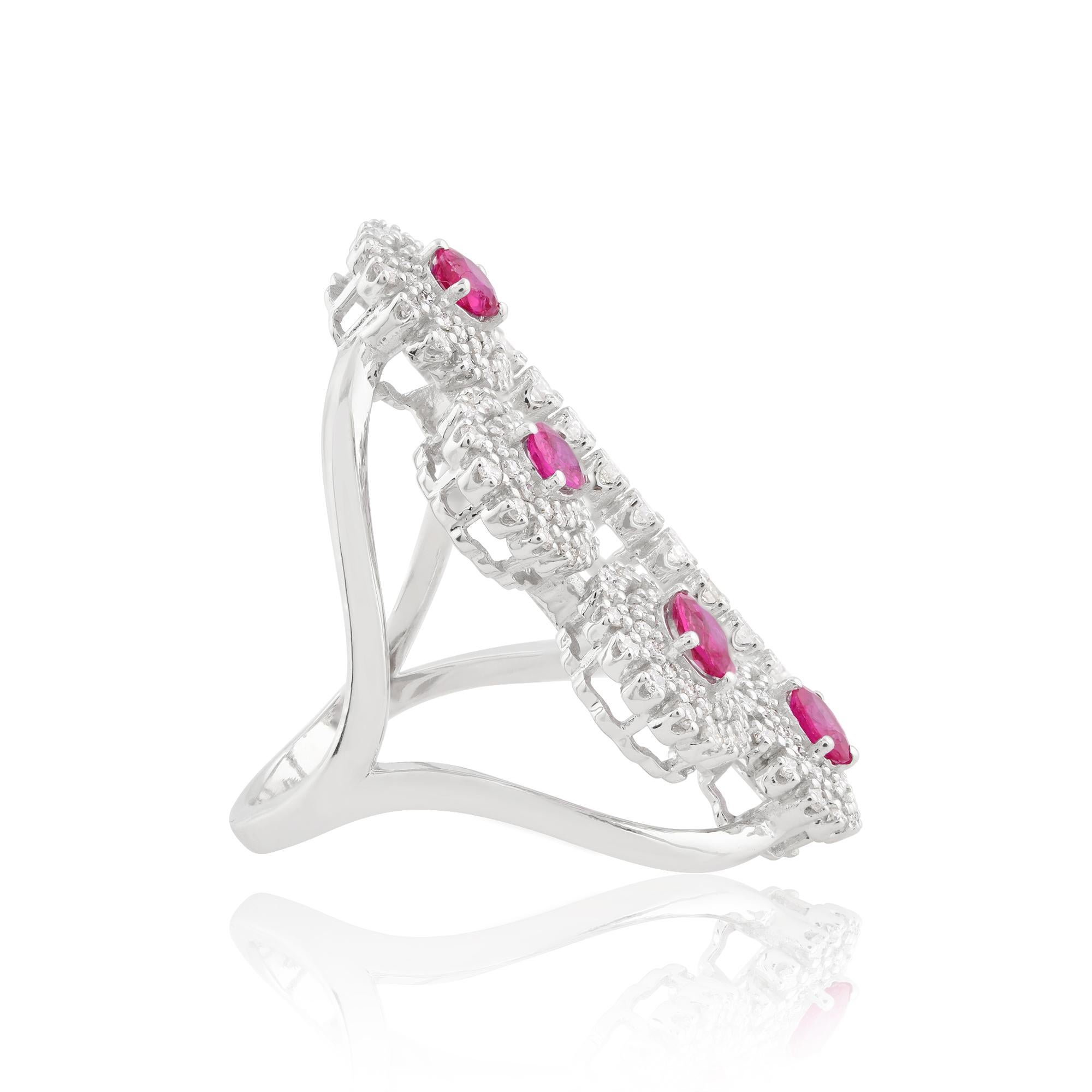 Modern 0.82 Carat Ruby Cuff Ring 1.10 Ct SI/H Diamond 18 Karat White Gold Fine Jewelry For Sale
