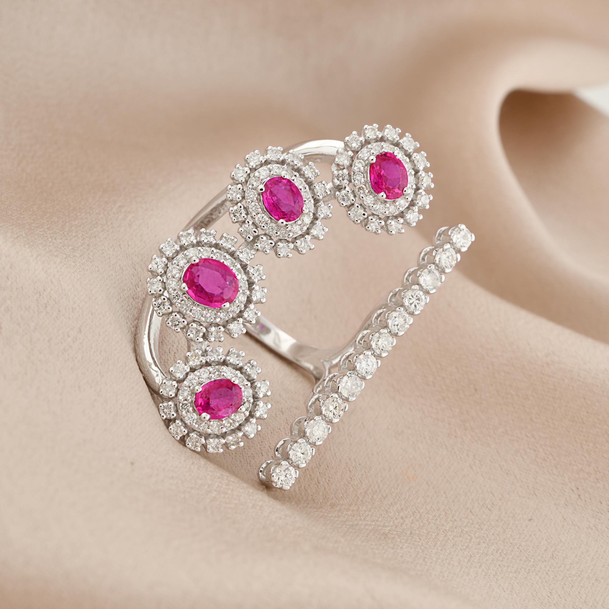 Round Cut 0.82 Carat Ruby Cuff Ring 1.10 Ct SI/H Diamond 18 Karat White Gold Fine Jewelry For Sale