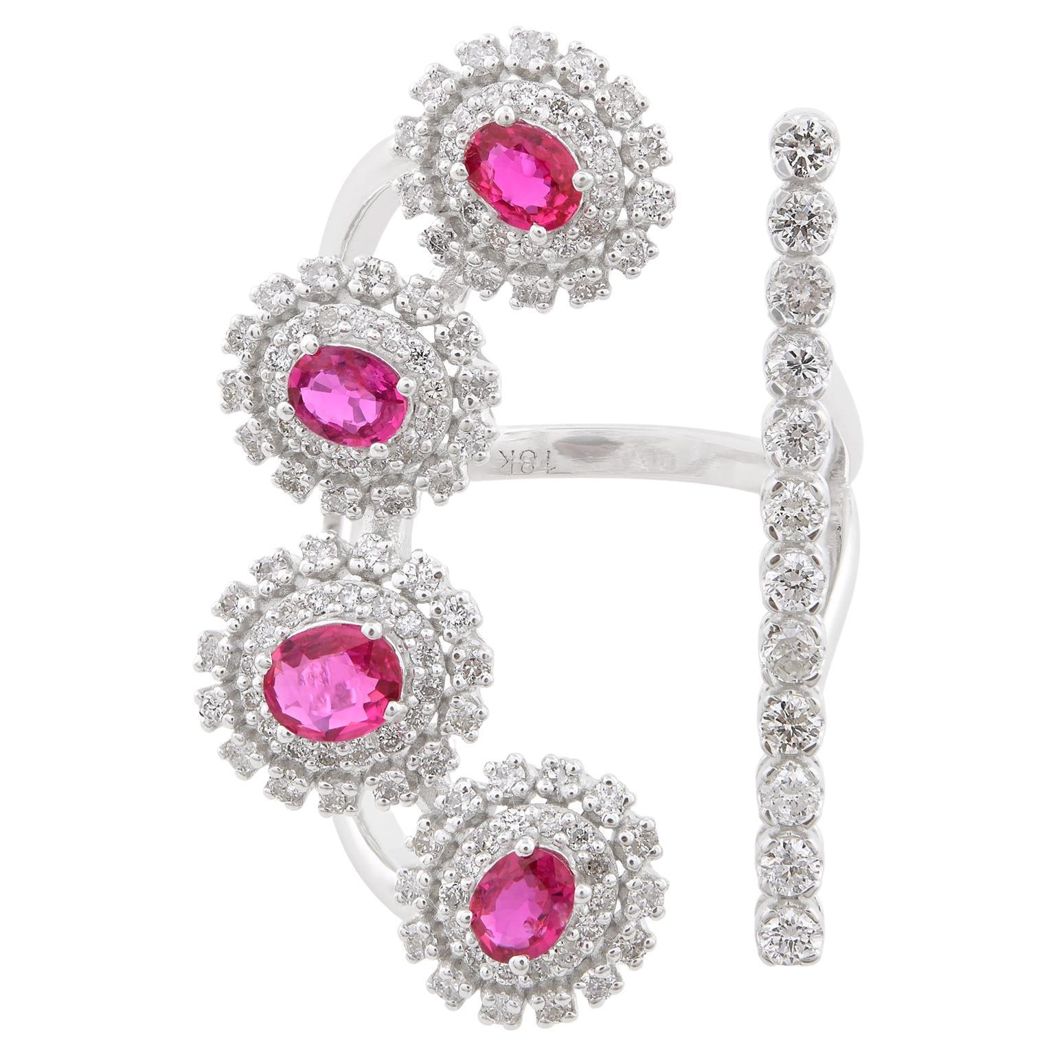 0.82 Carat Ruby Cuff Ring 1.10 Ct SI/H Diamond 18 Karat White Gold Fine Jewelry For Sale
