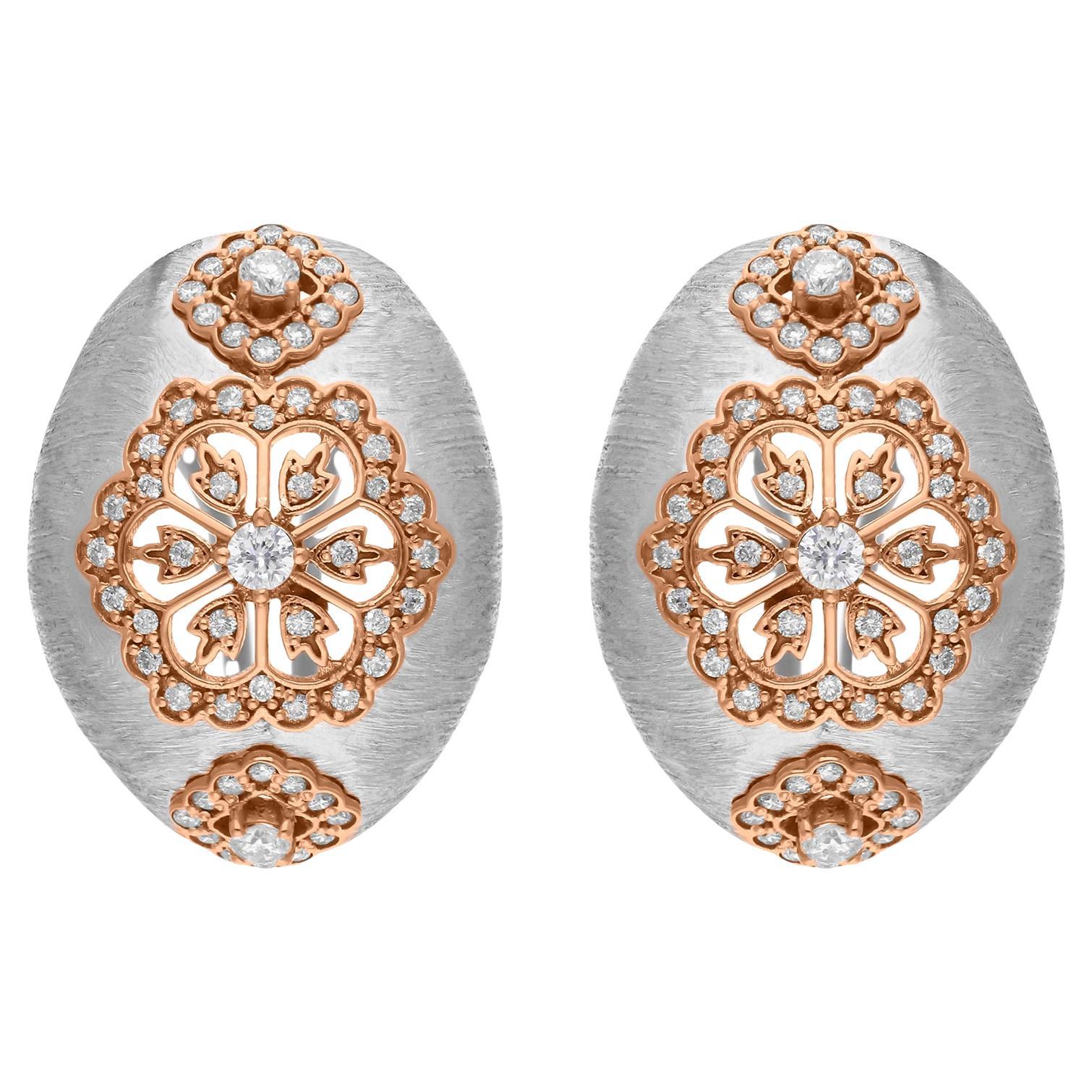 Boucles d'oreilles diamant rond taille brillant de 0,82 carat SI/H en or rose blanc 18 carats en vente