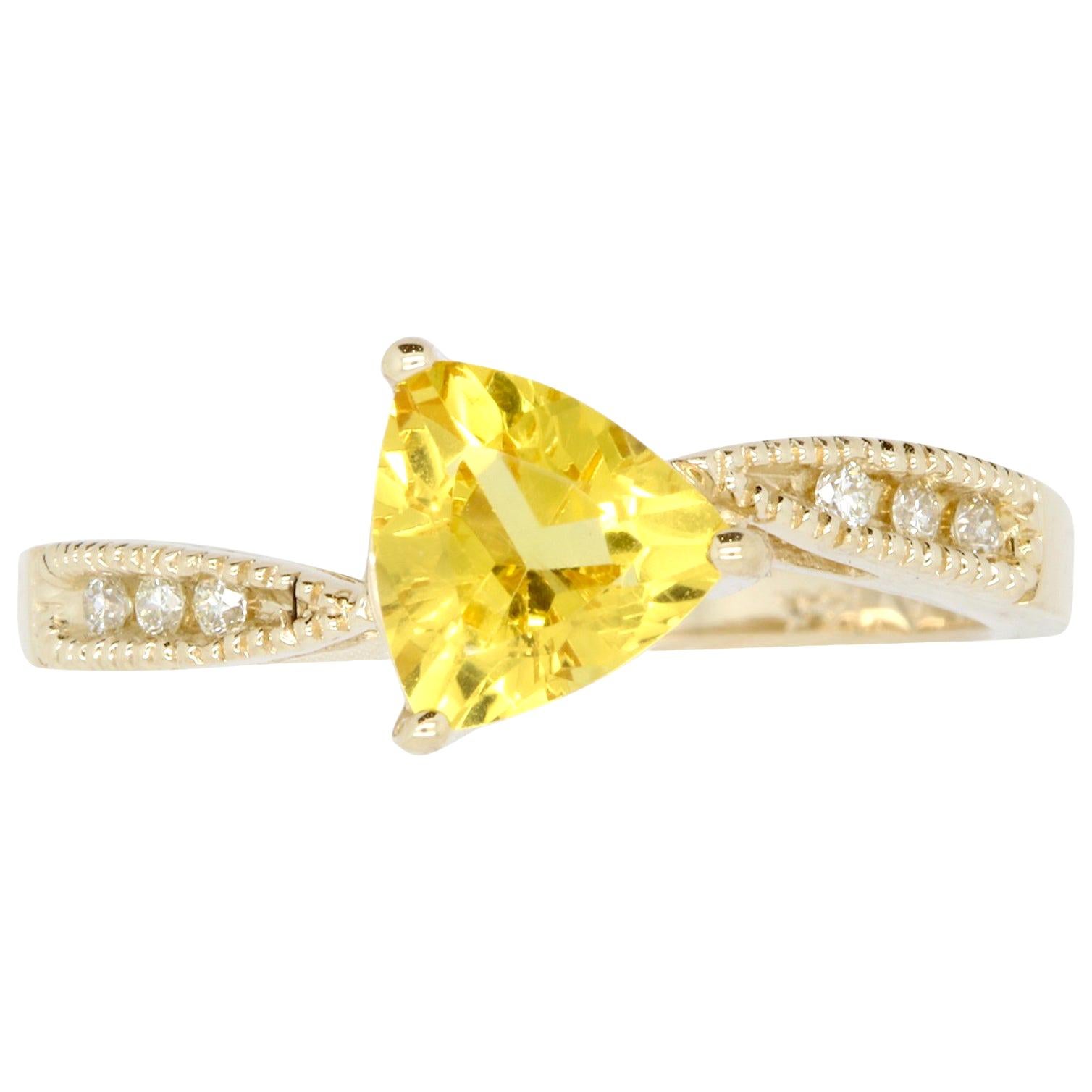 0.82 Carat Trillion Cut Yellow Beryl and White Diamond Ring