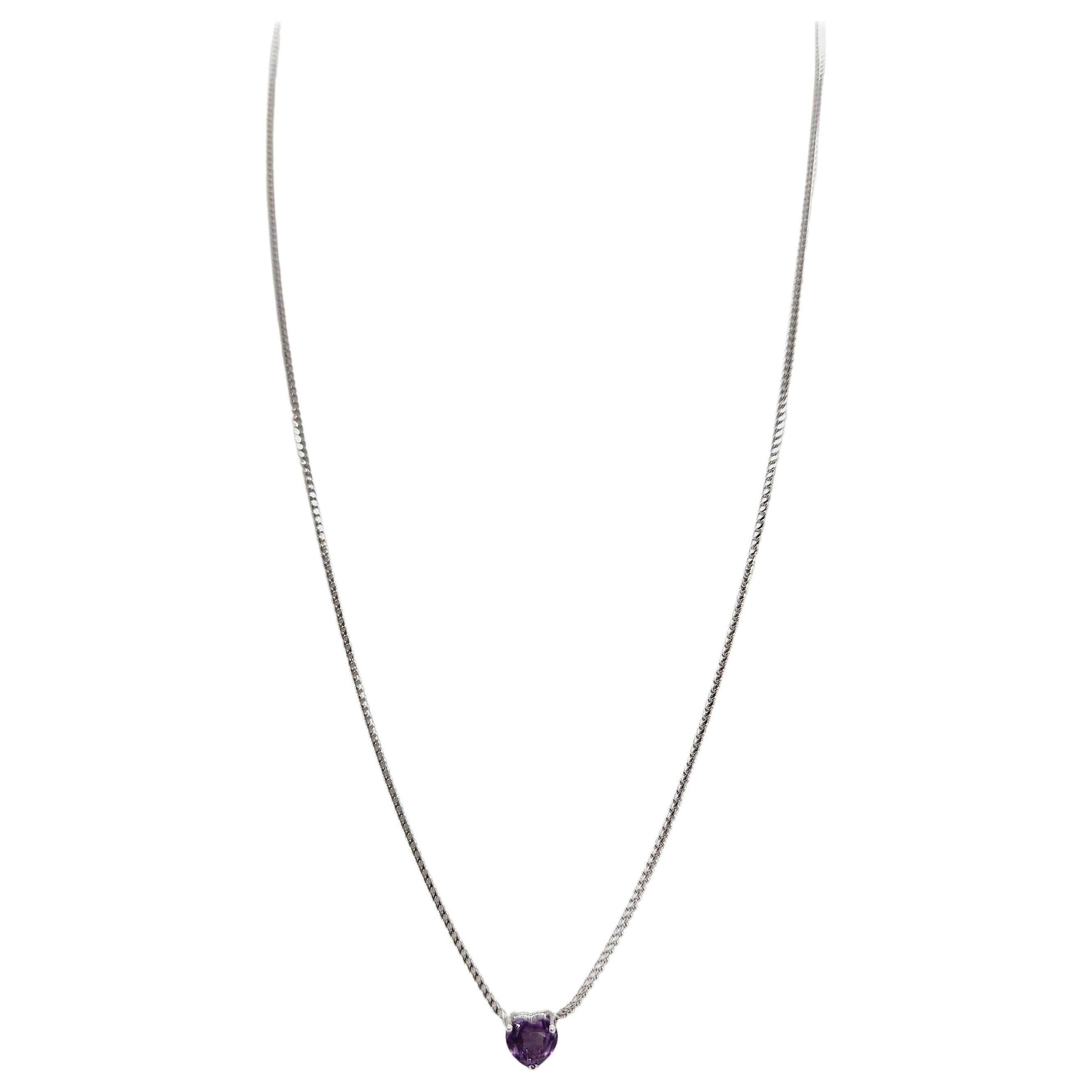 0.82 Carats Heart Shape Amethyst Necklace 14 Karat White Gold