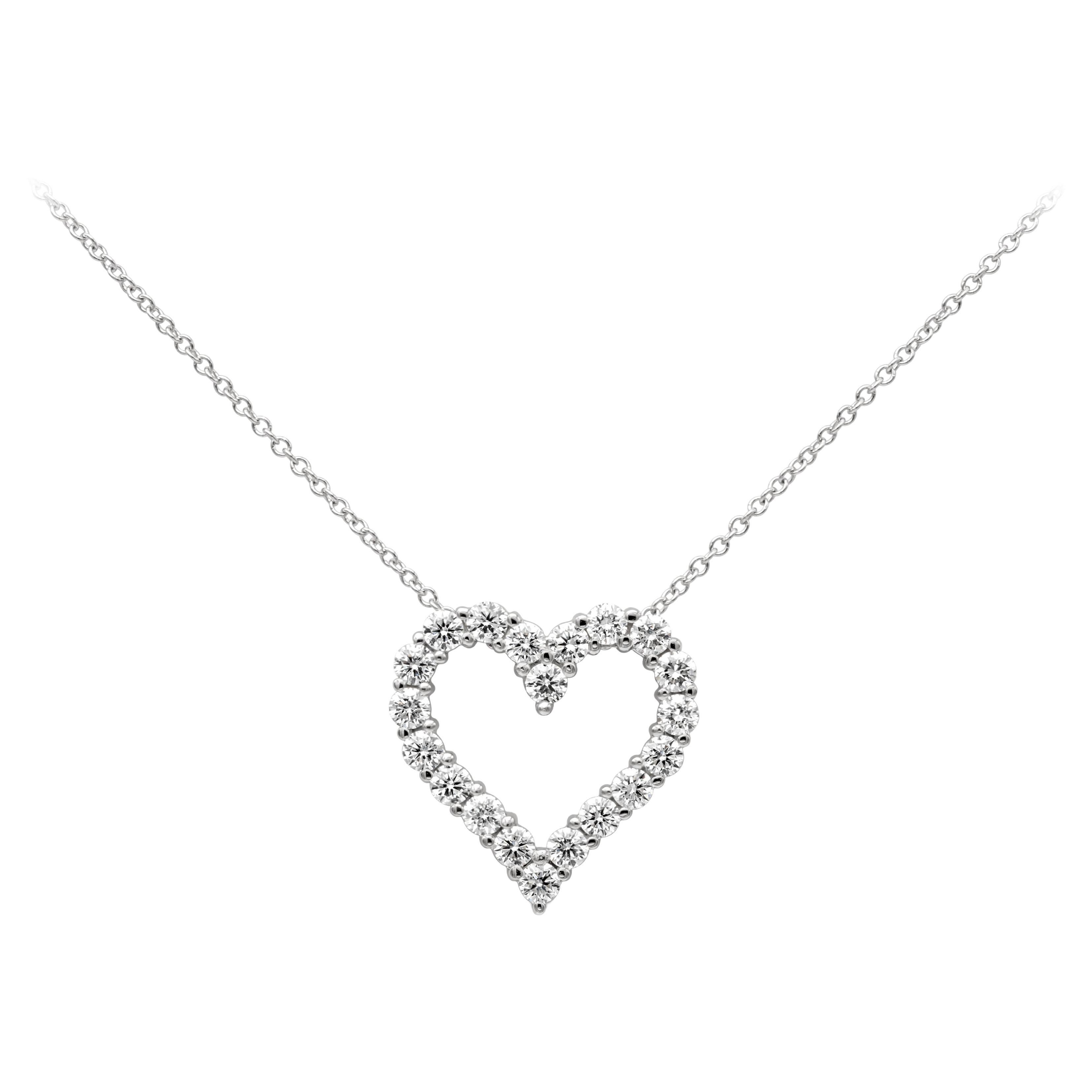 0.82 Carats Total Brilliant Round Shape Diamond Open-Work Heart Pendant Necklace For Sale