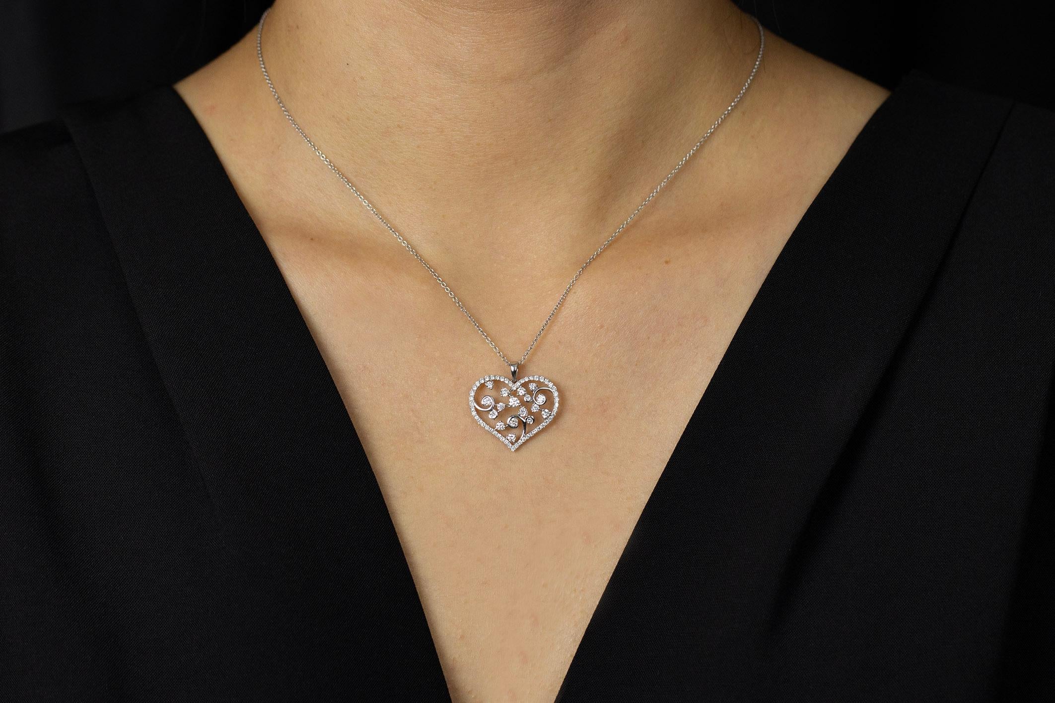 Modern Roman Malakov 0.82 Carats Total Round Diamond Open-Work Heart Pendant Necklace For Sale
