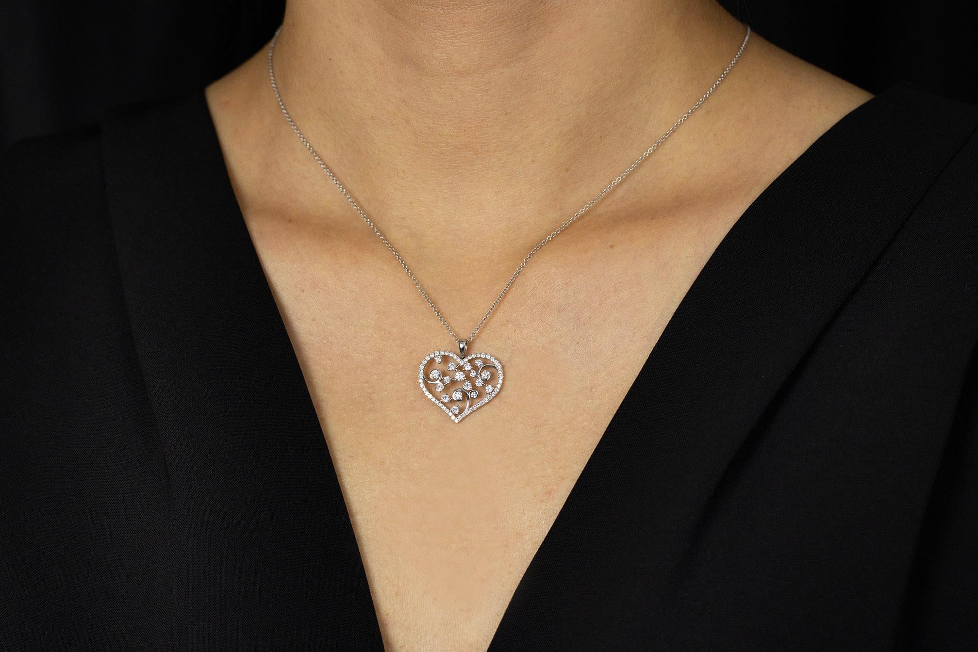 Round Cut Roman Malakov 0.82 Carats Total Round Diamond Open-Work Heart Pendant Necklace For Sale
