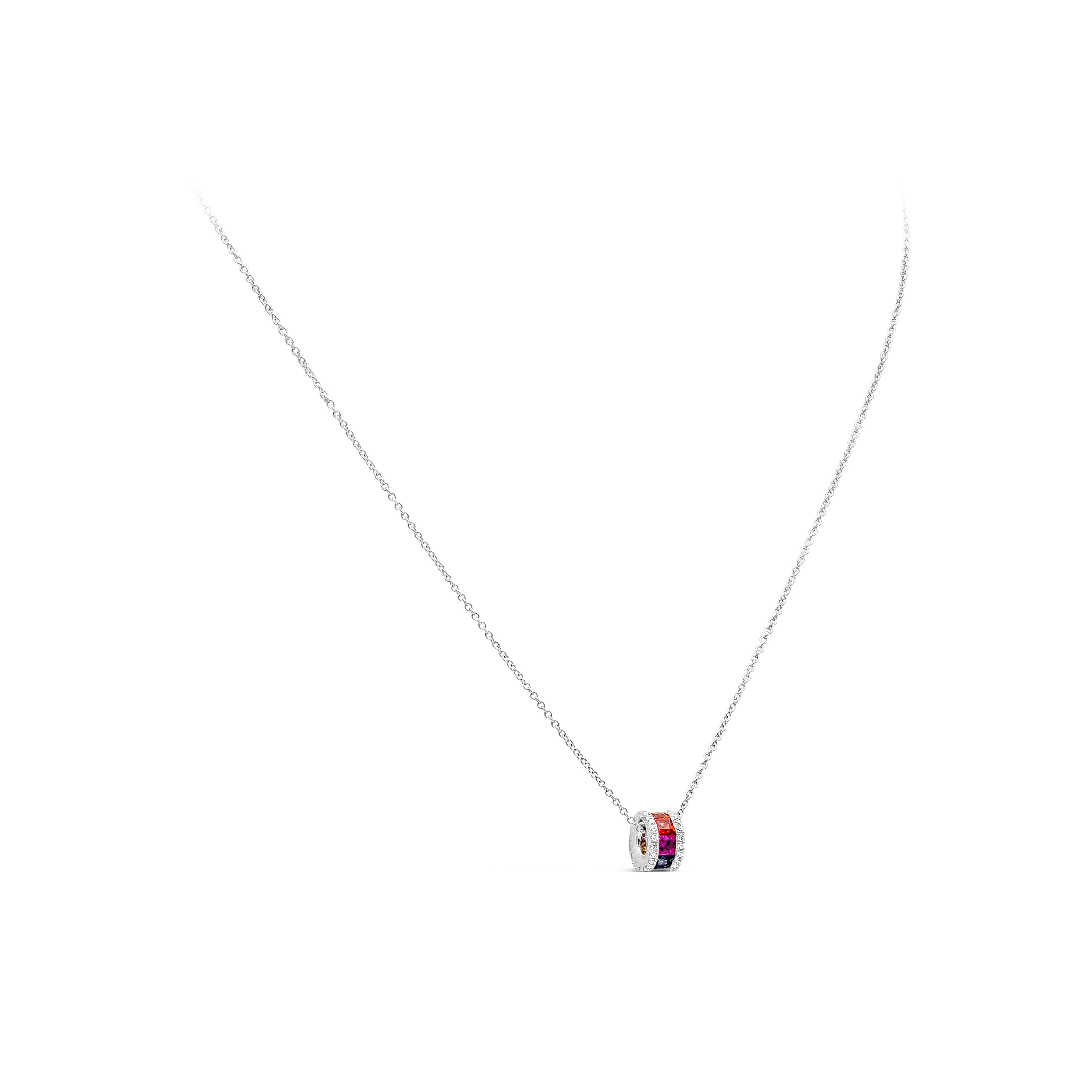 This simple and chic pendant necklace showcases a row of 8 multi color princess cut sapphires with a row of white round brilliant diamonds on both sides. Sapphires weighs 0.82 total carats. Accents diamonds are 42 pieces in total, weighs 0.15 total