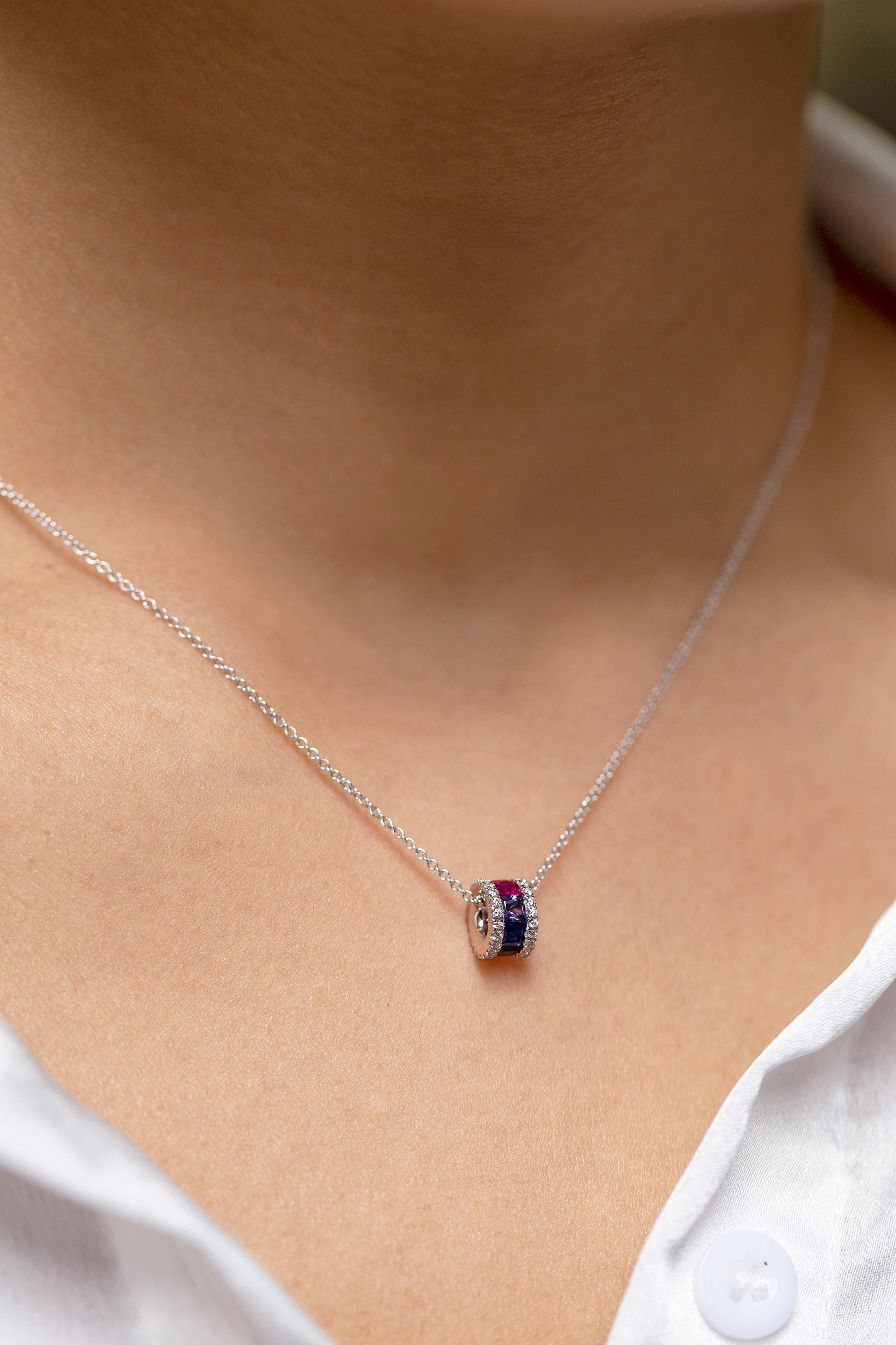 Contemporary 0.82 Total Carat Multi Color Princess Cut Sapphire with Diamond Pendant Necklace For Sale