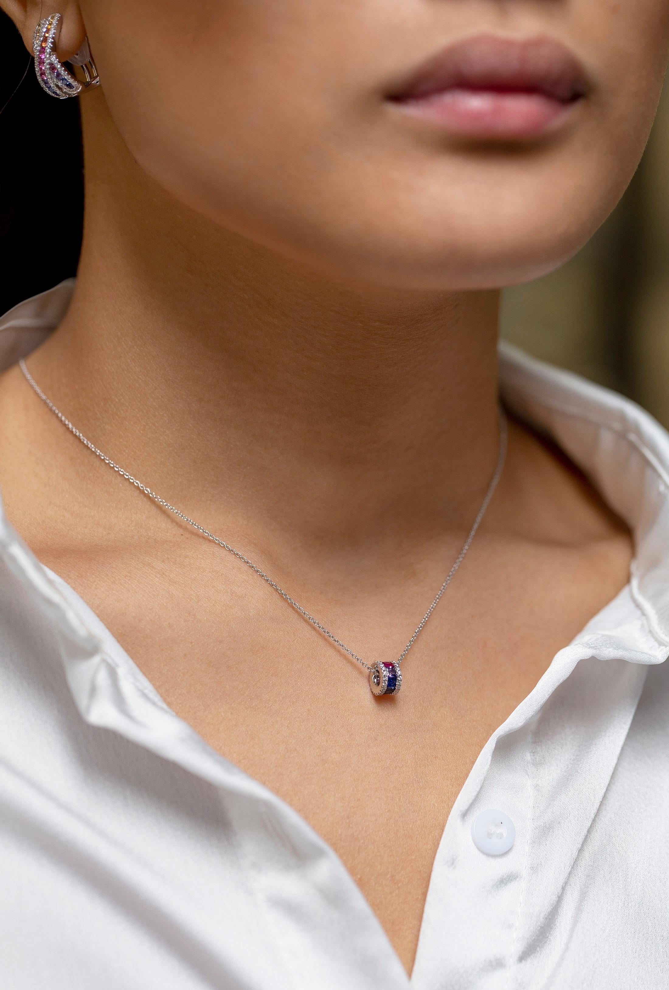 Mixed Cut 0.82 Total Carat Multi Color Princess Cut Sapphire with Diamond Pendant Necklace For Sale
